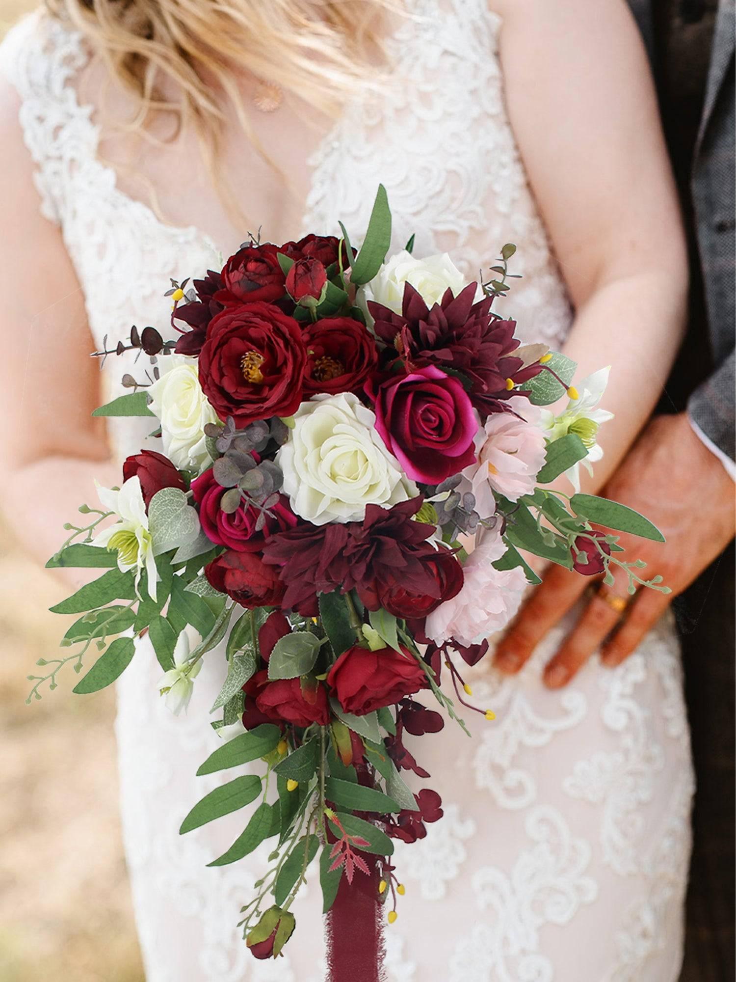Rinlong Burgundy Marsala Red Cascade Bouquet Wedding Bouquets for Bride Cascading Wedding Bouquet of Flowers Teardrop Bridal Bouquet for Wedding Rinlong Burgundy Marsala Red Cascade Bouquet Wedding Bouquets for Bride Cascading Wedding Bouquet of Flowers Teardrop Bridal Bouquet for Wedding