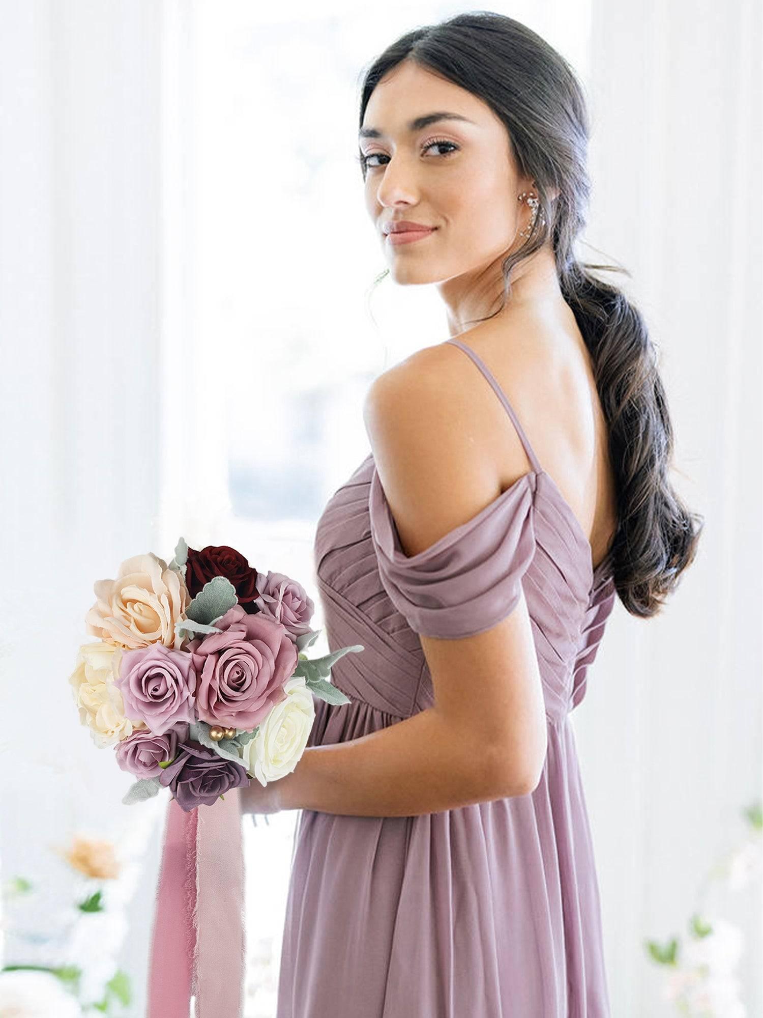 7.8 inch wide Dusty Rose & Mauve Bridesmaid Bouquet - Rinlong Flower