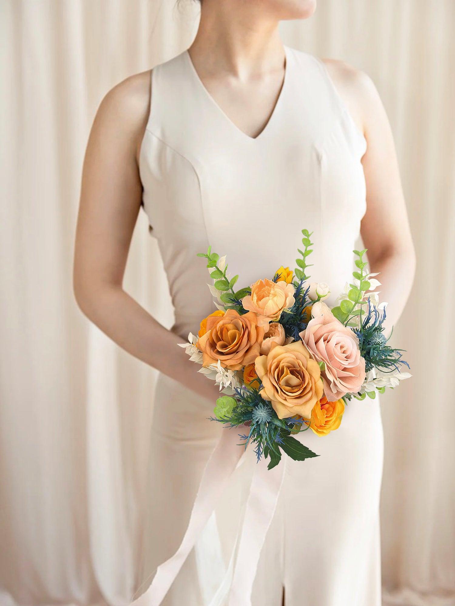 9.4 inch wide Apricot & Blue Bridesmaid Bouquet - Rinlong Flower