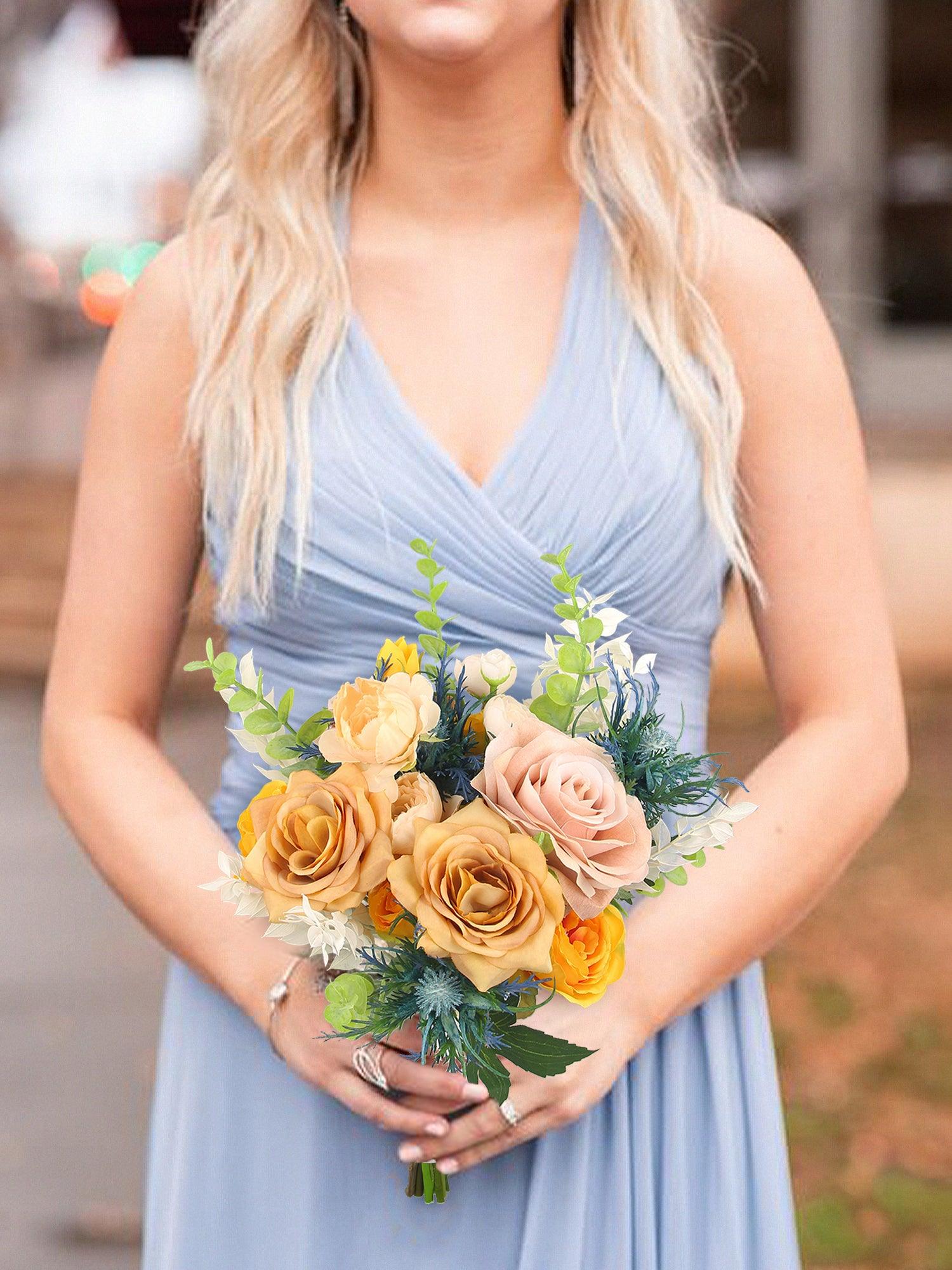 9.4 inch wide Apricot & Blue Bridesmaid Bouquet - Rinlong Flower