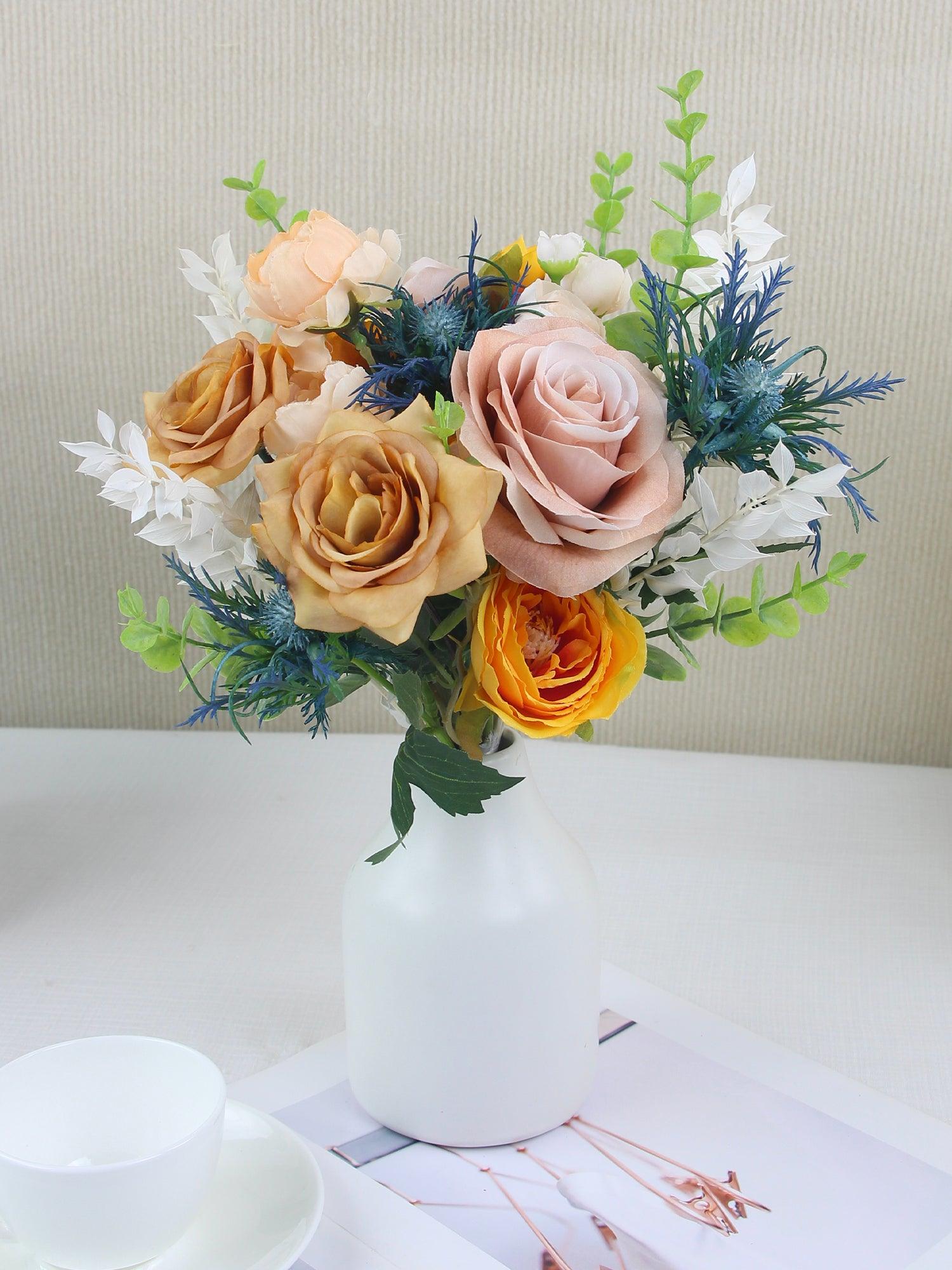 9.4 inch wide Apricot & Blue Bridesmaid Bouquet - Rinlong Flower