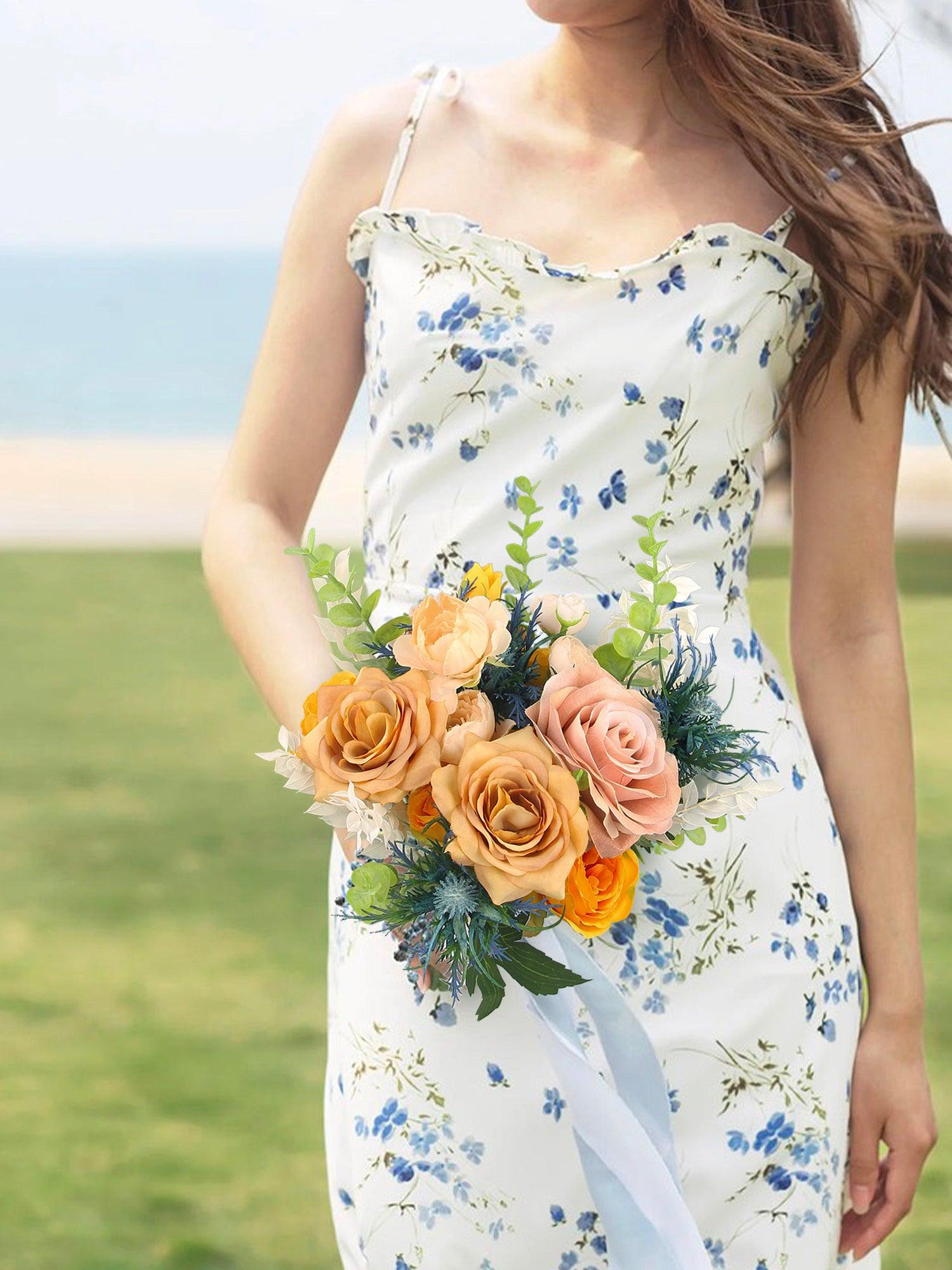 9.4 inch wide Apricot & Blue Bridesmaid Bouquet - Rinlong Flower