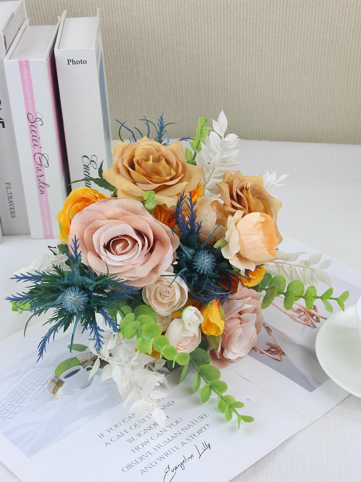 9.4 inch wide Apricot & Blue Bridesmaid Bouquet