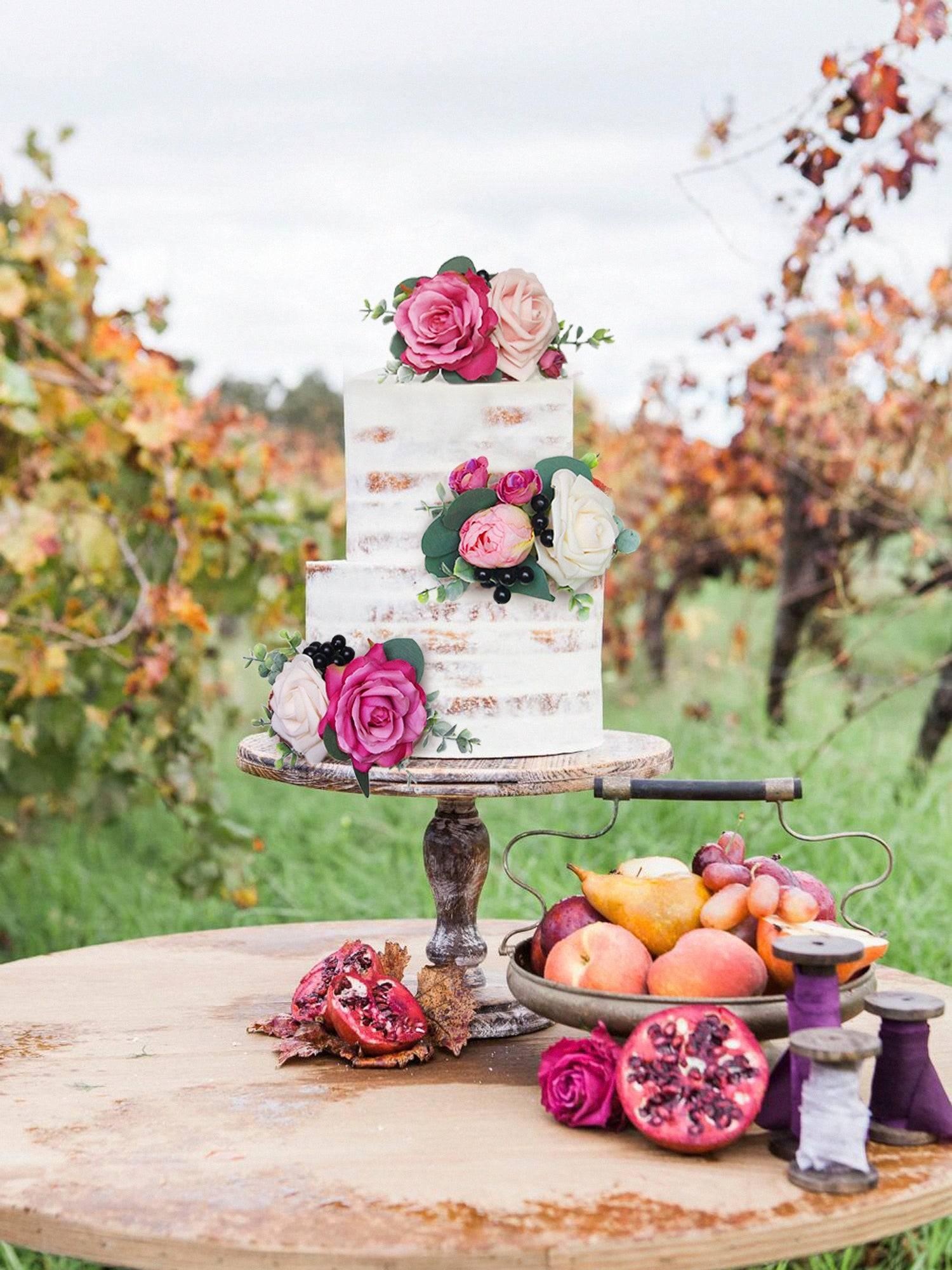 3Pcs Berry Pink Cake Topper Flowers Set - Rinlong Flower