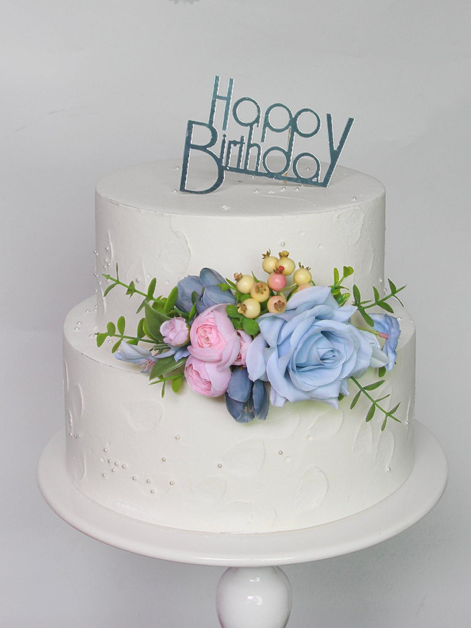 3Pcs Blush & Baby Blue Cake Topper Flowers Set - Rinlong Flower