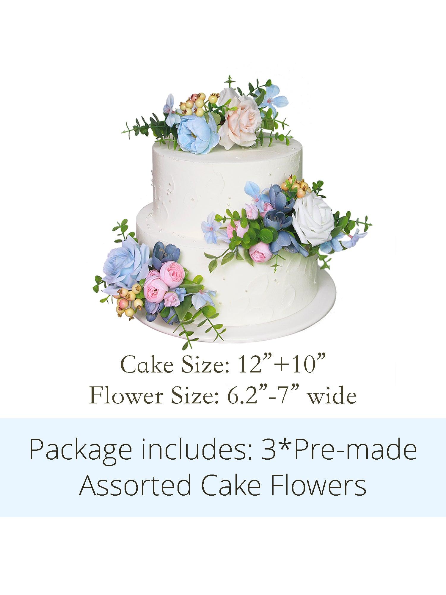 3Pcs Blush & Baby Blue Cake Topper Flowers Set - Rinlong Flower