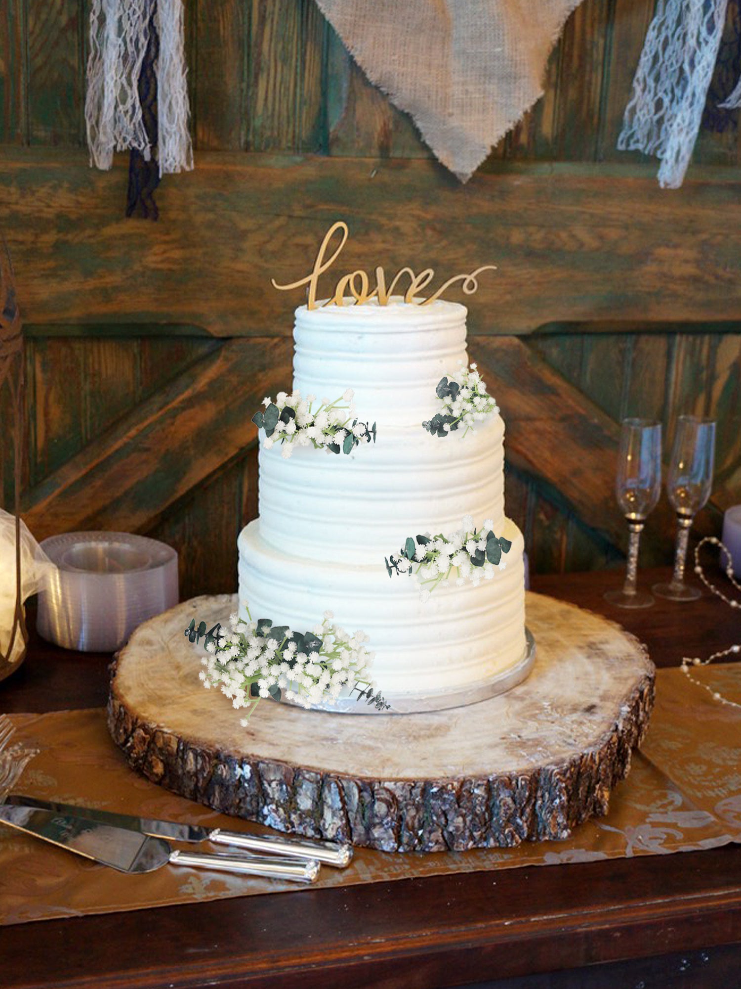 4Pcs Ecalyptus & Baby's Breath Cake Flowers Set