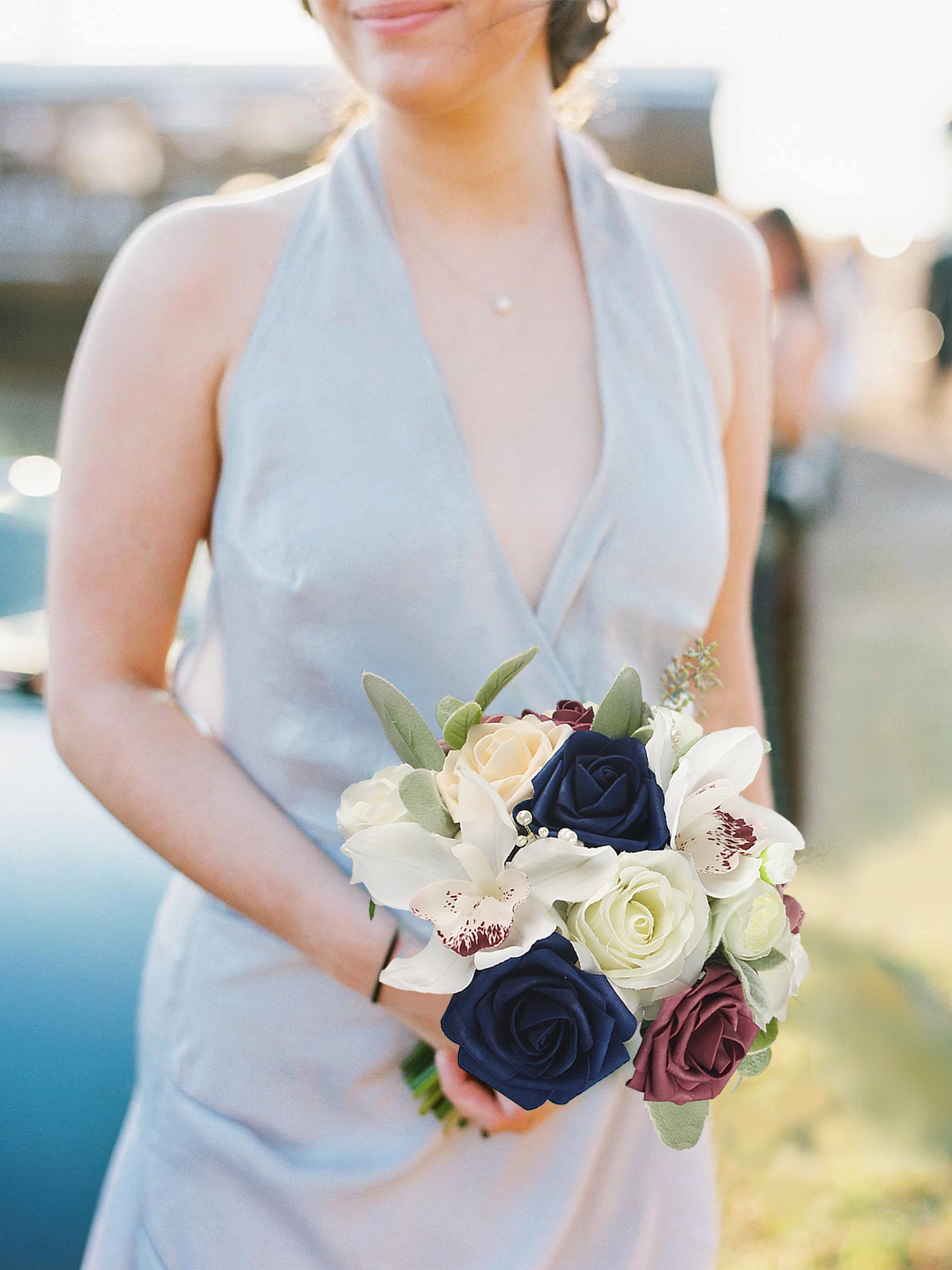 7.8 inch wide Dusty Rose & Navy Blue Bridesmaid Bouquet 7.8 inch wide Dusty Rose & Navy Blue Bridesmaid Bouquet