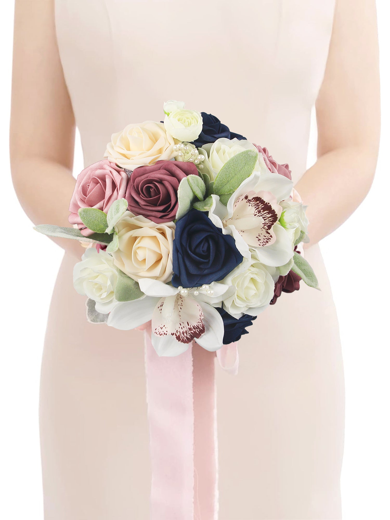 navy blue bridesmaid dresses pink flowers Kennedy Blue