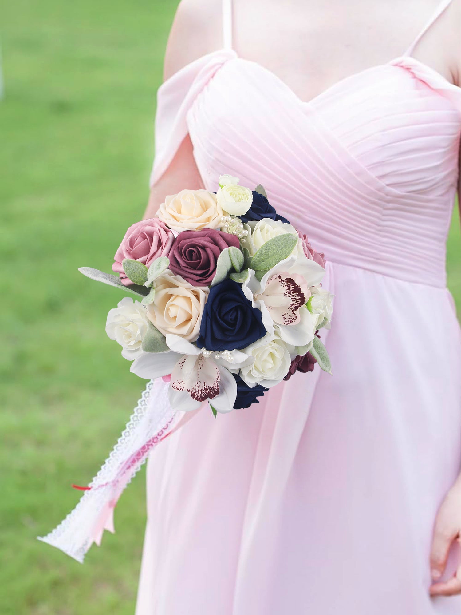 7.8 inch wide Dusty Rose & Navy Blue Bridesmaid Bouquet 7.8 inch wide Dusty Rose & Navy Blue Bridesmaid Bouquet