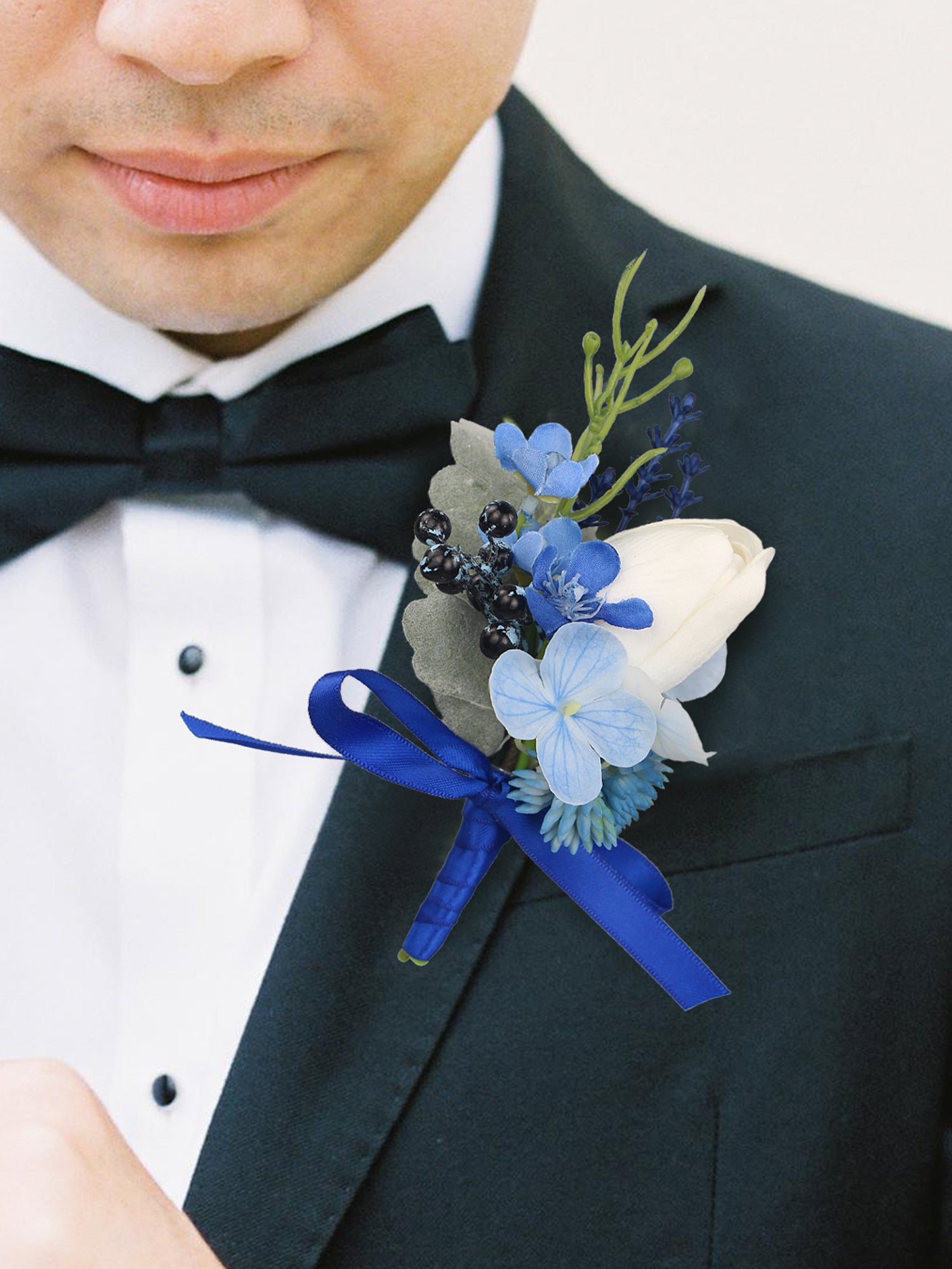 6Pcs Blue Hydrangea & Tulip Assorted Boutonnieres