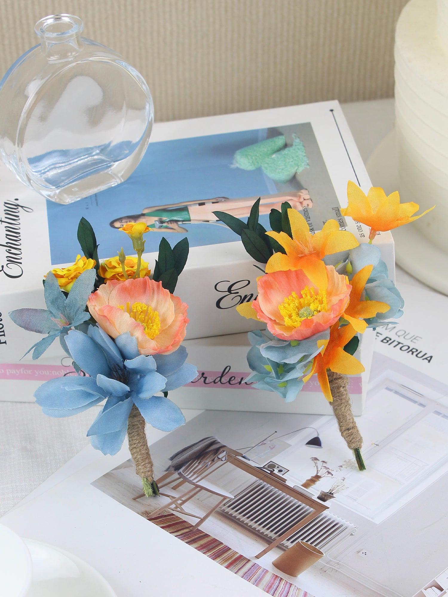 6Pcs Apricot & Blue Boutonnieres - Rinlong Flower