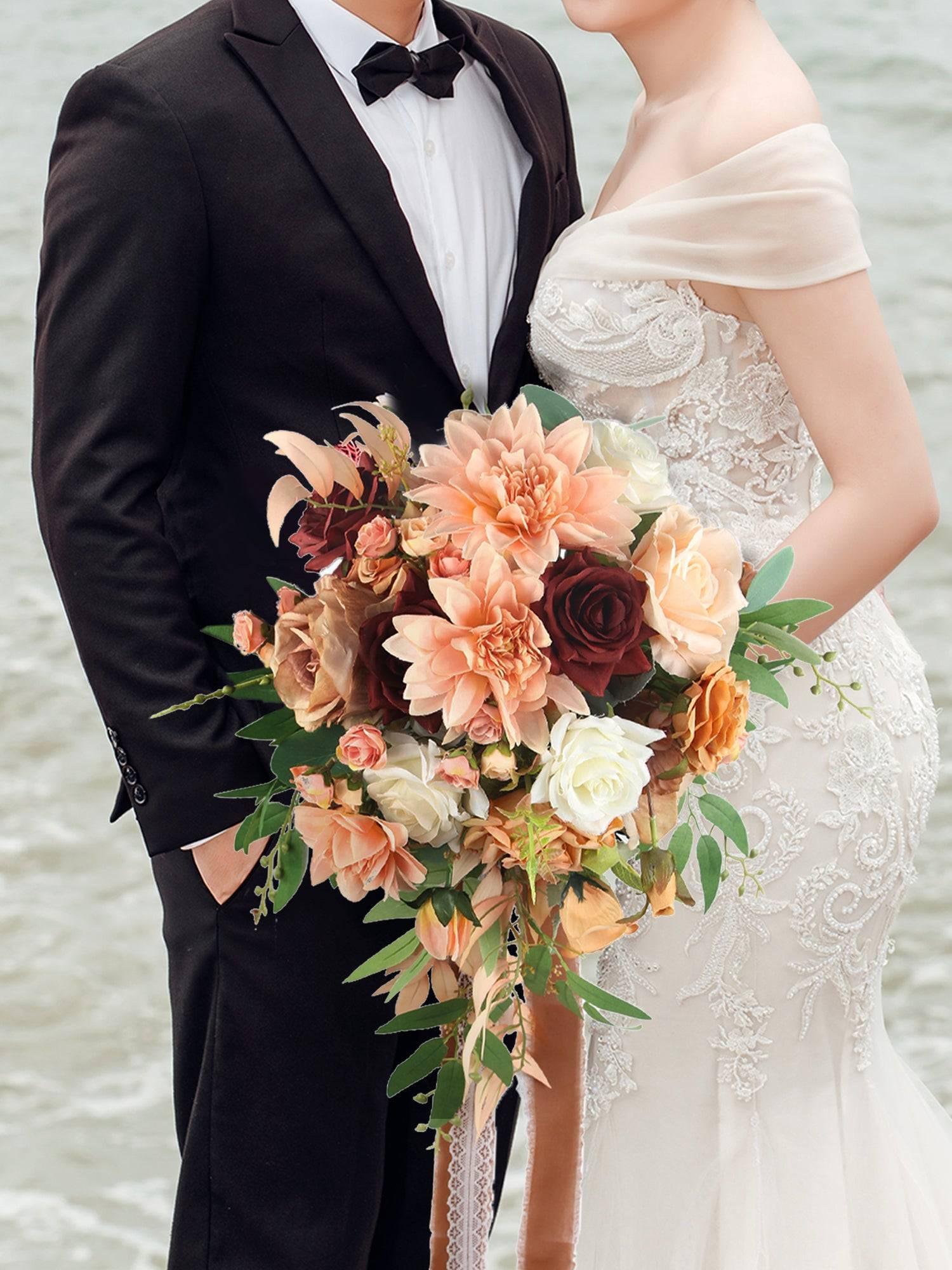 13 inch wide Coral Cascade Bridal Bouquet - Rinlong Flower