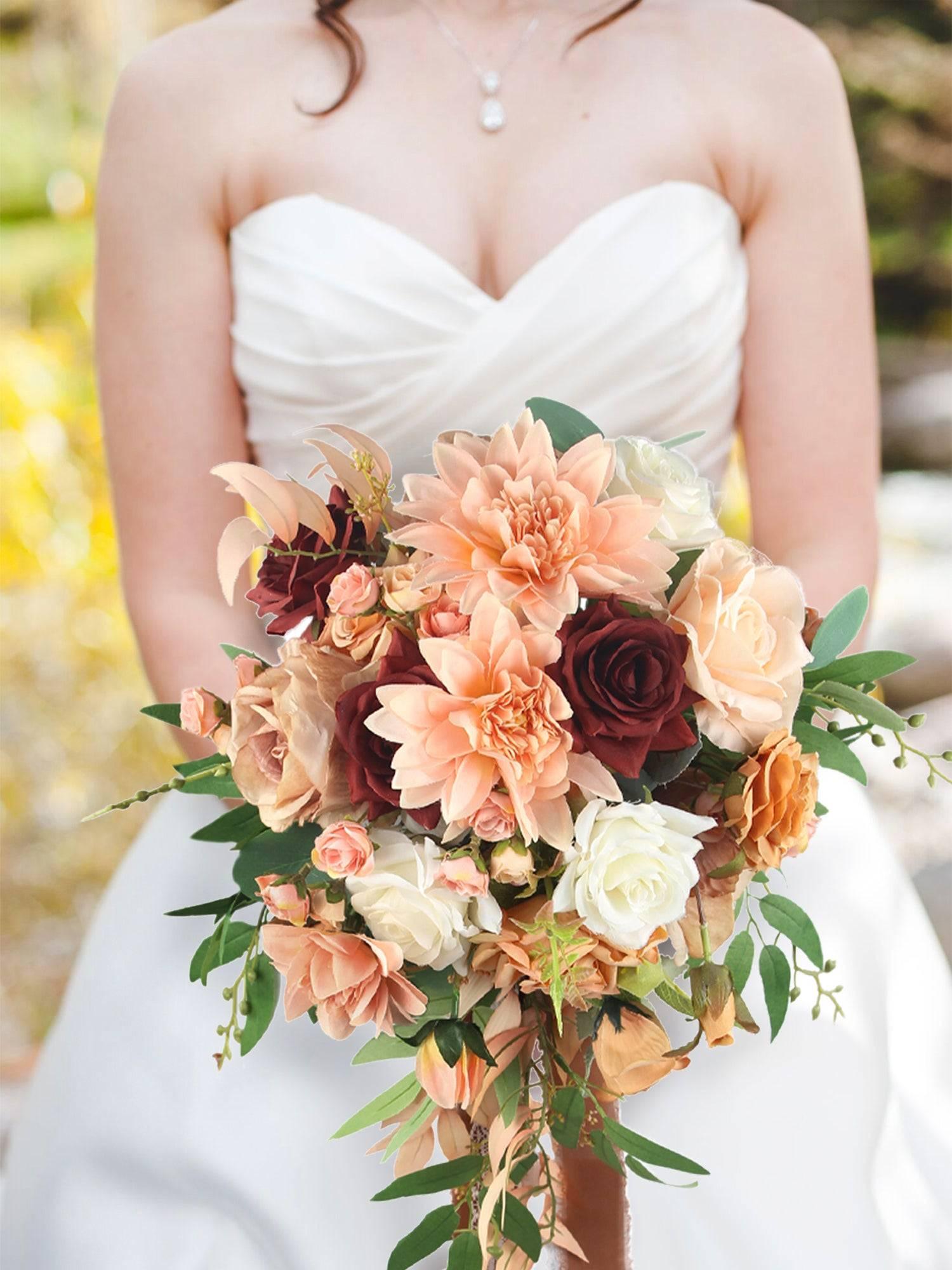 13 inch wide Coral Cascade Bridal Bouquet - Rinlong Flower