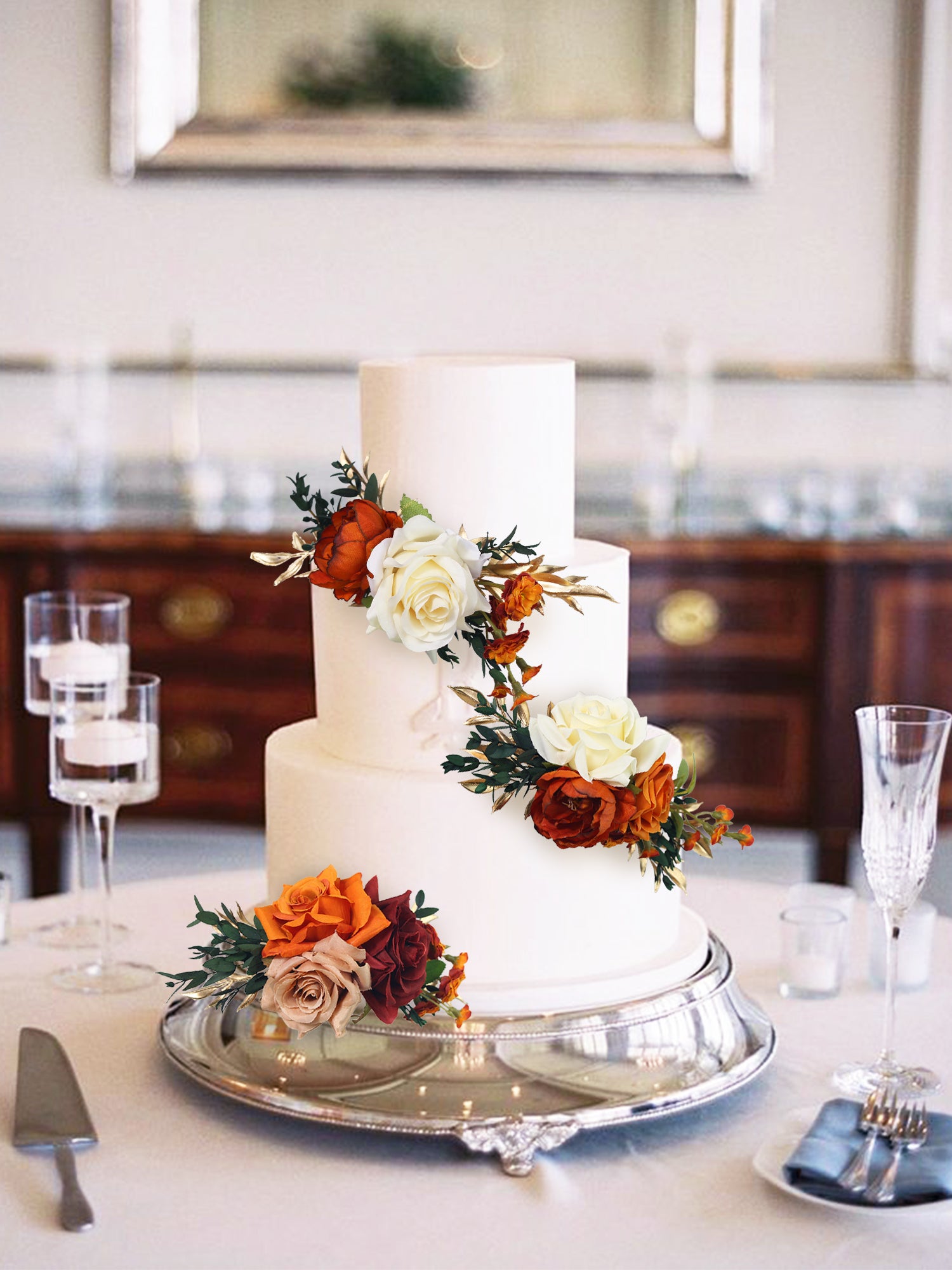 3Pcs Burnt Orange & Gold Cake Decorating Flowers Set