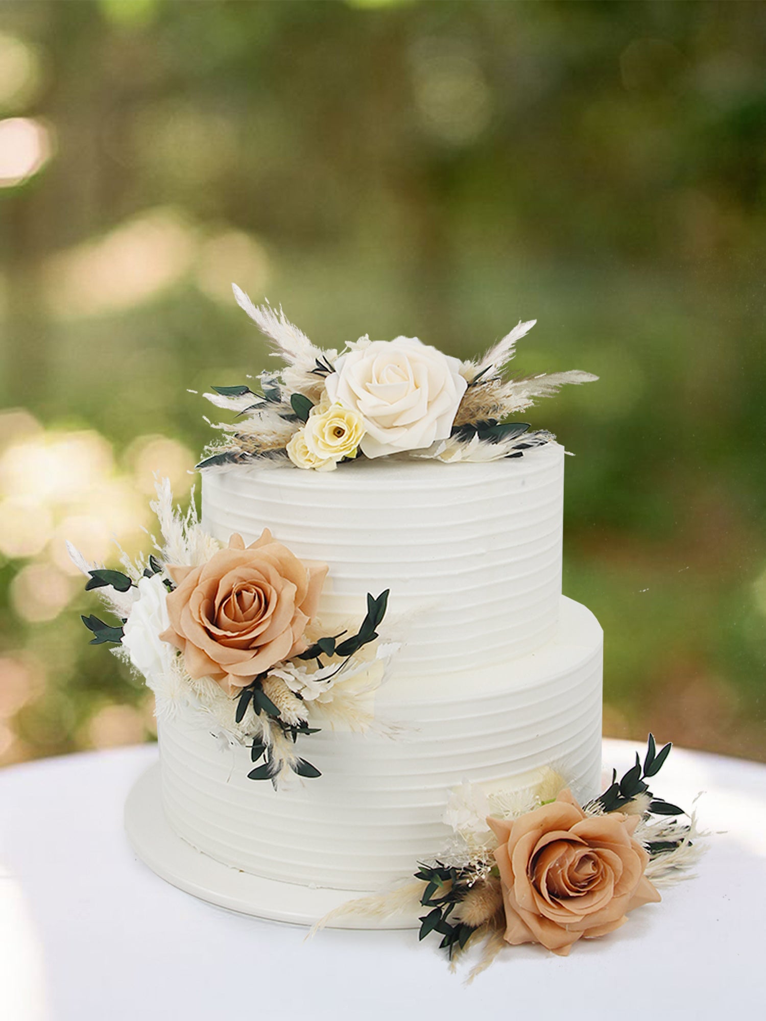 3Pcs Almond & Beige Rose Boho Cake Flowers Set