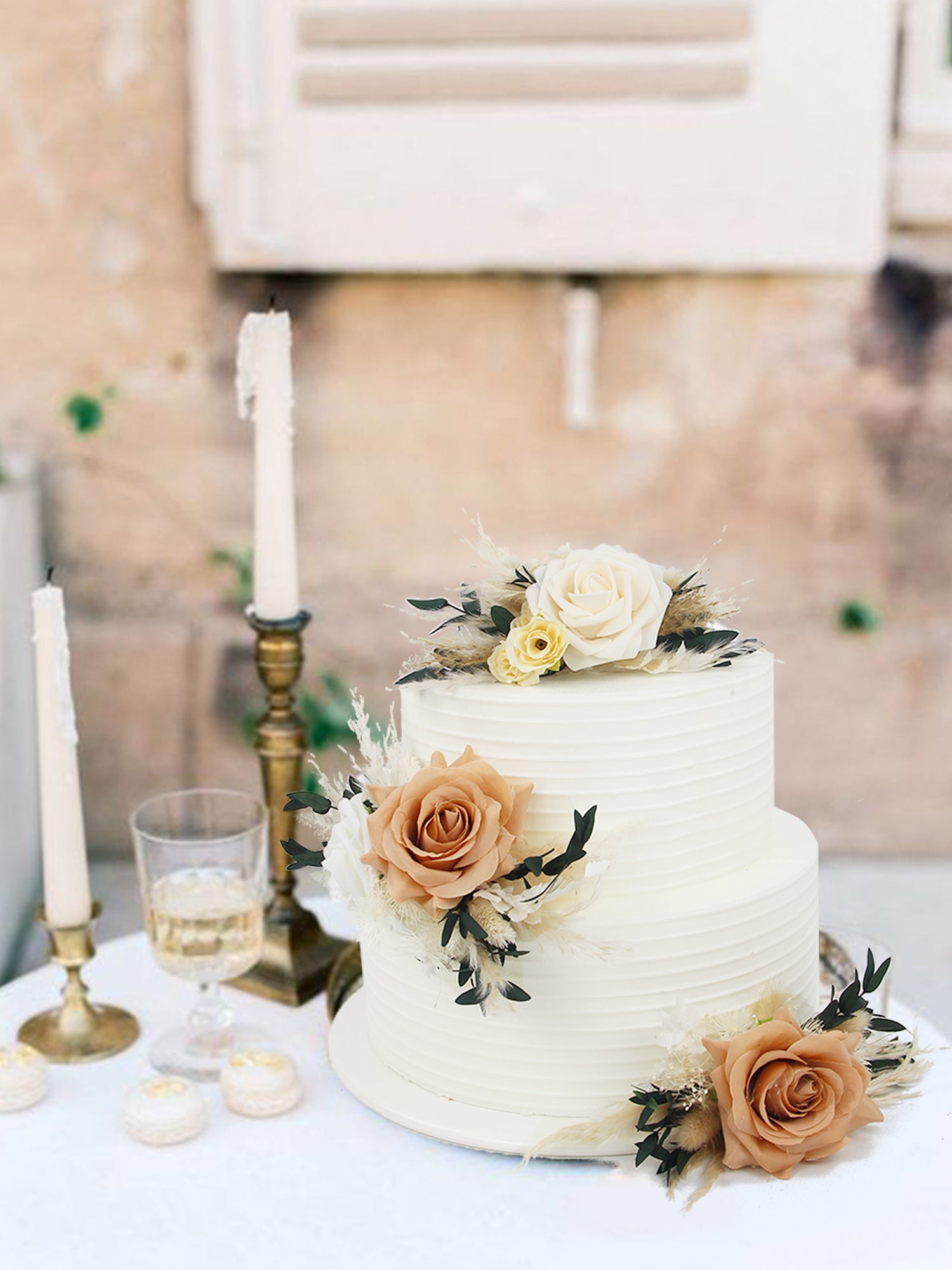 3Pcs Almond & Beige Rose Boho Cake Flowers Set
