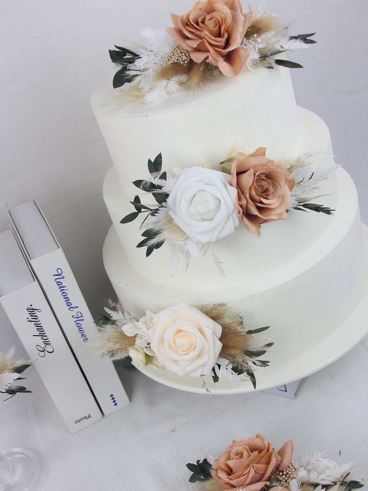 3Pcs Almond & Beige Rose Boho Cake Flowers Set