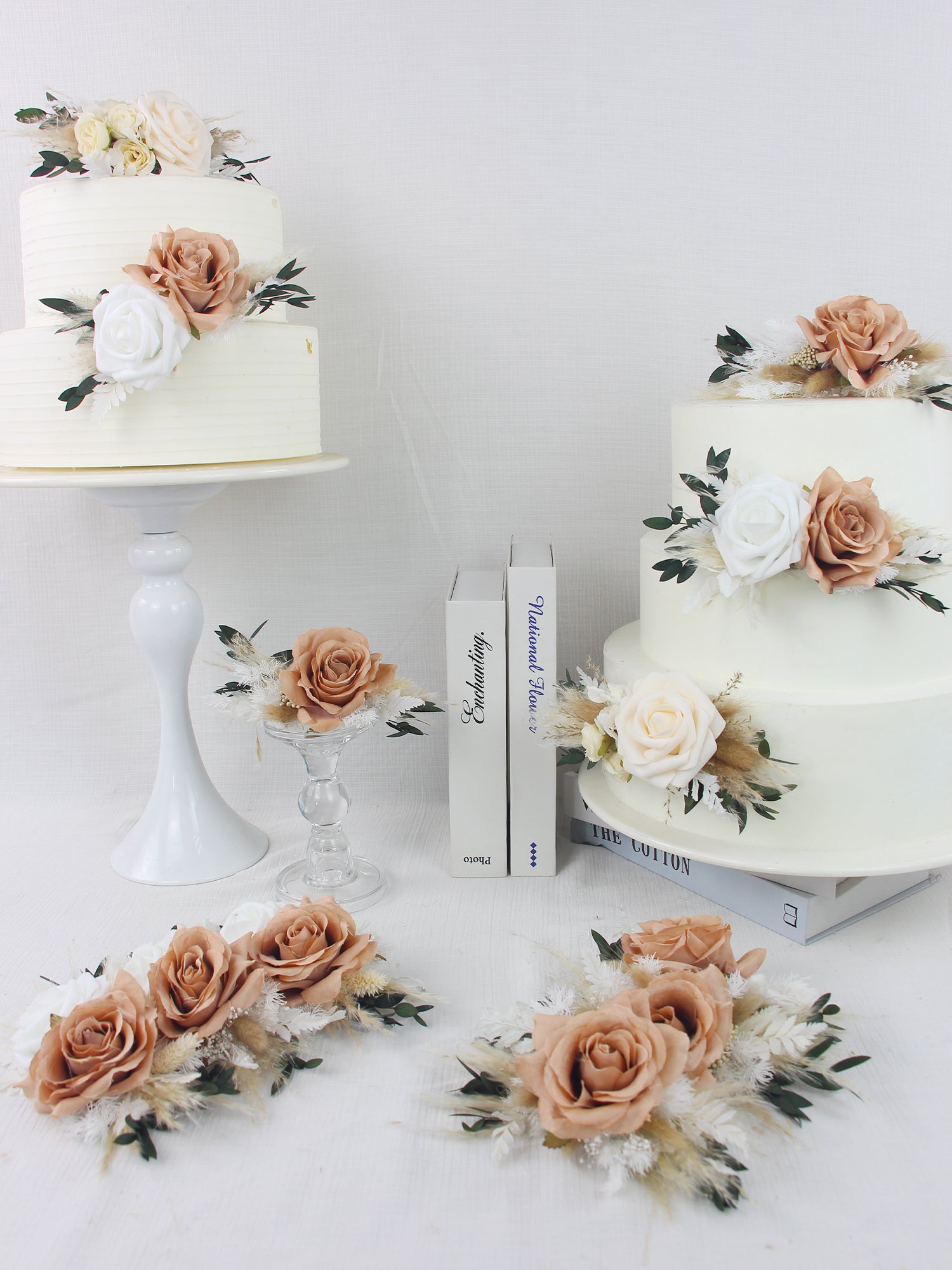 3Pcs Almond & Beige Rose Boho Cake Flowers Set