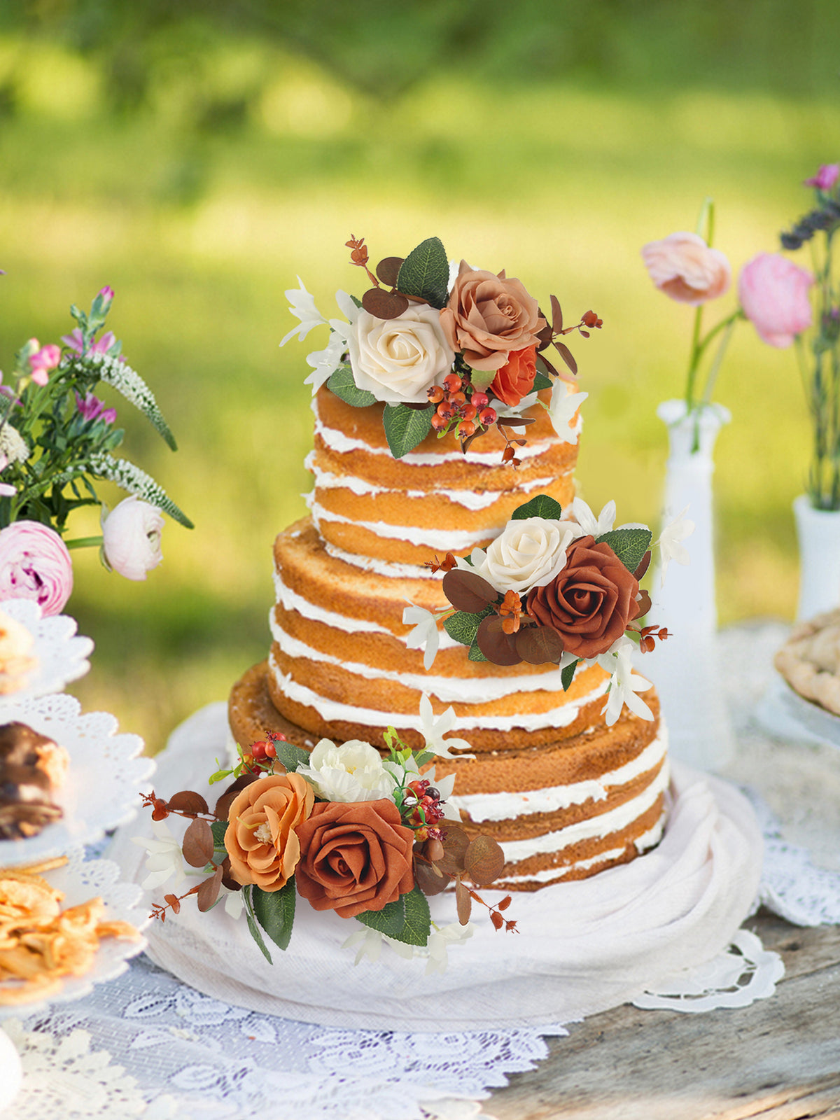 3Pcs Rose & Berries Terracotta Cake Flowers Set - Rinlong Flower