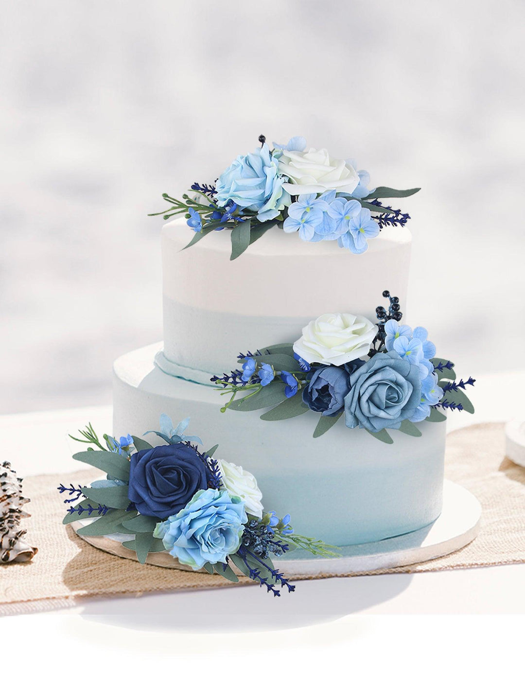 3Pcs Blue Rose & Hydrangea Cake Topper Flowers Set - Rinlong Flower