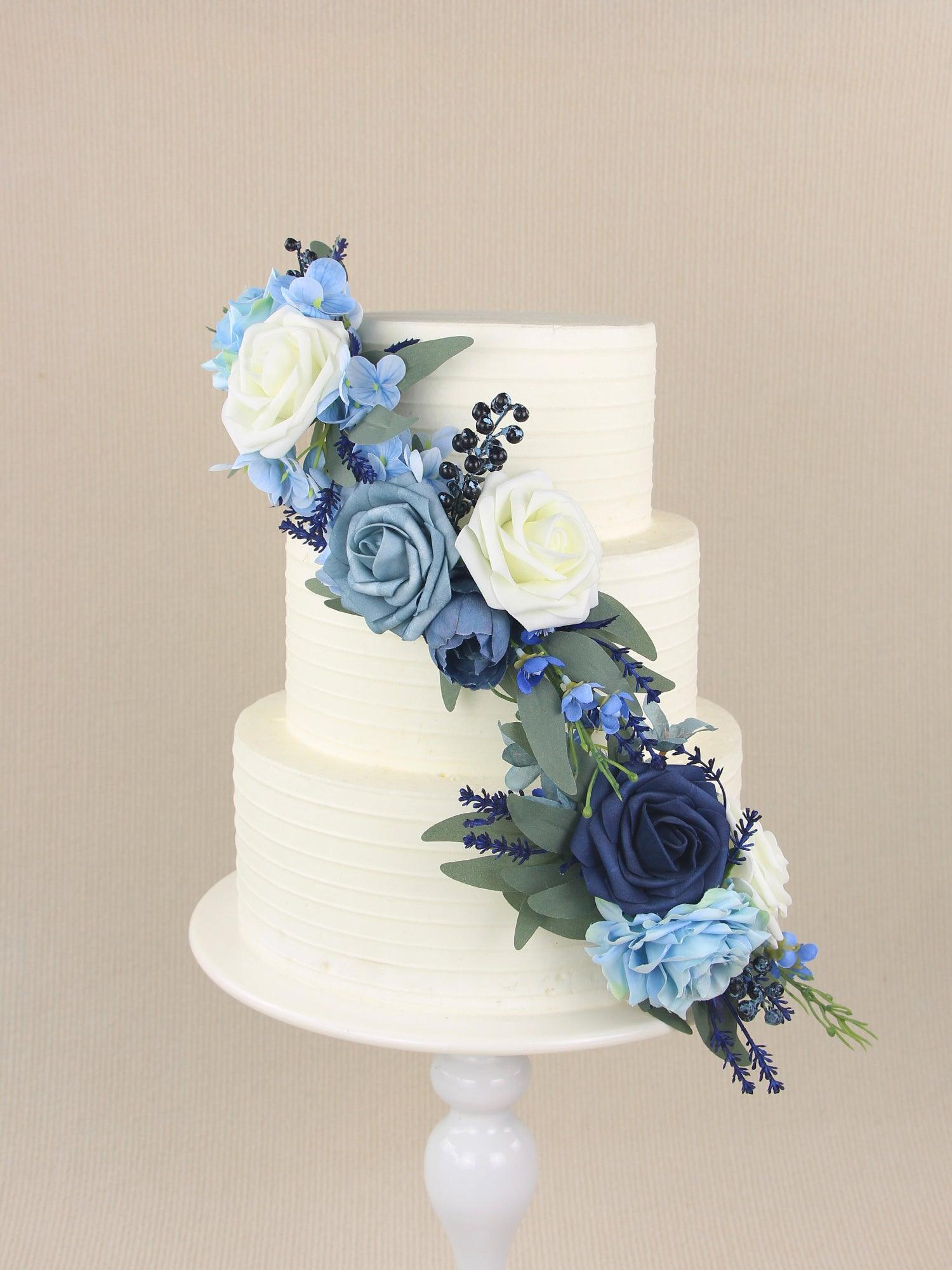 3Pcs Blue Rose & Hydrangea Cake Topper Flowers Set - Rinlong Flower