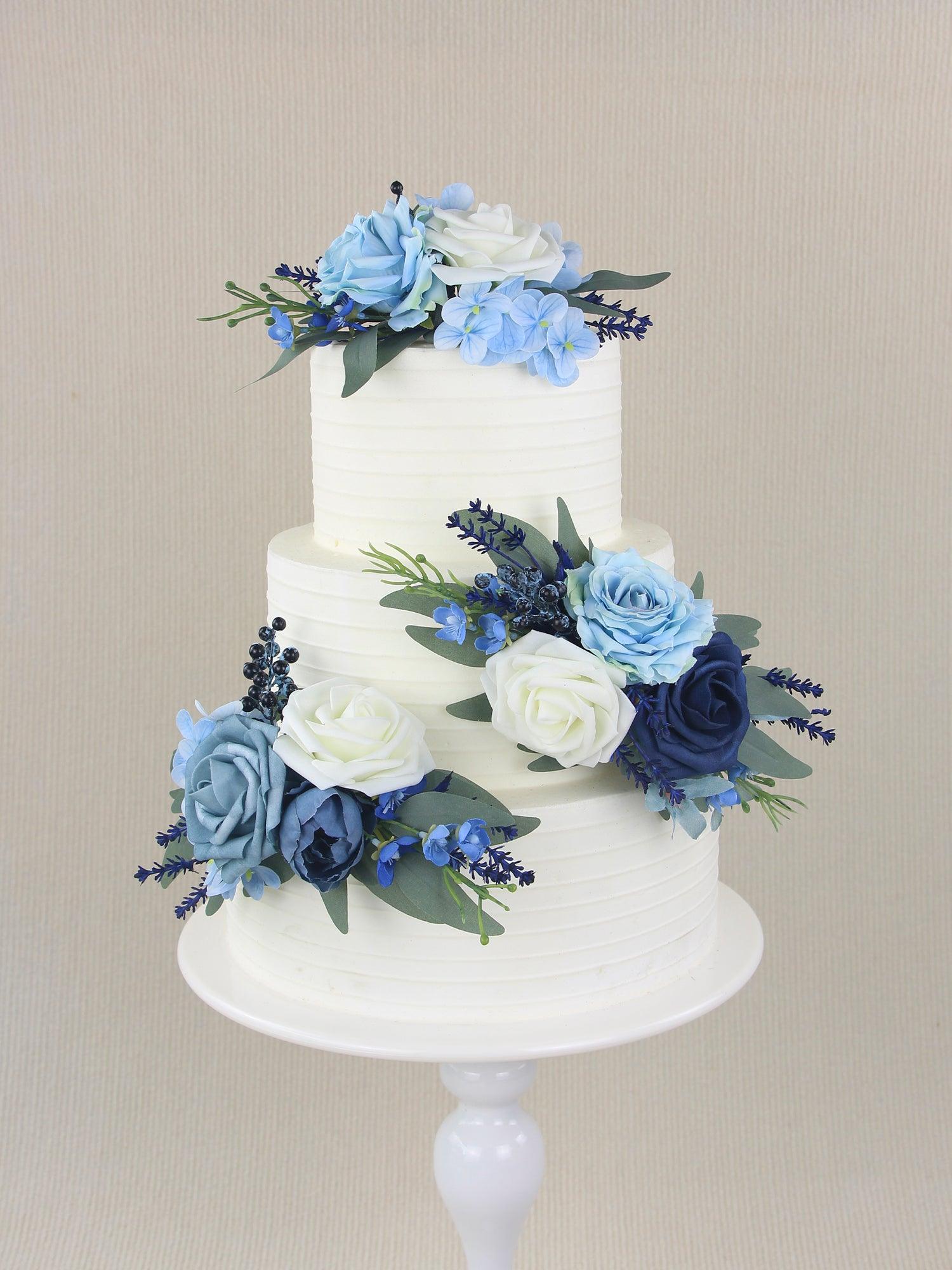 3Pcs Blue Rose & Hydrangea Cake Topper Flowers Set - Rinlong Flower