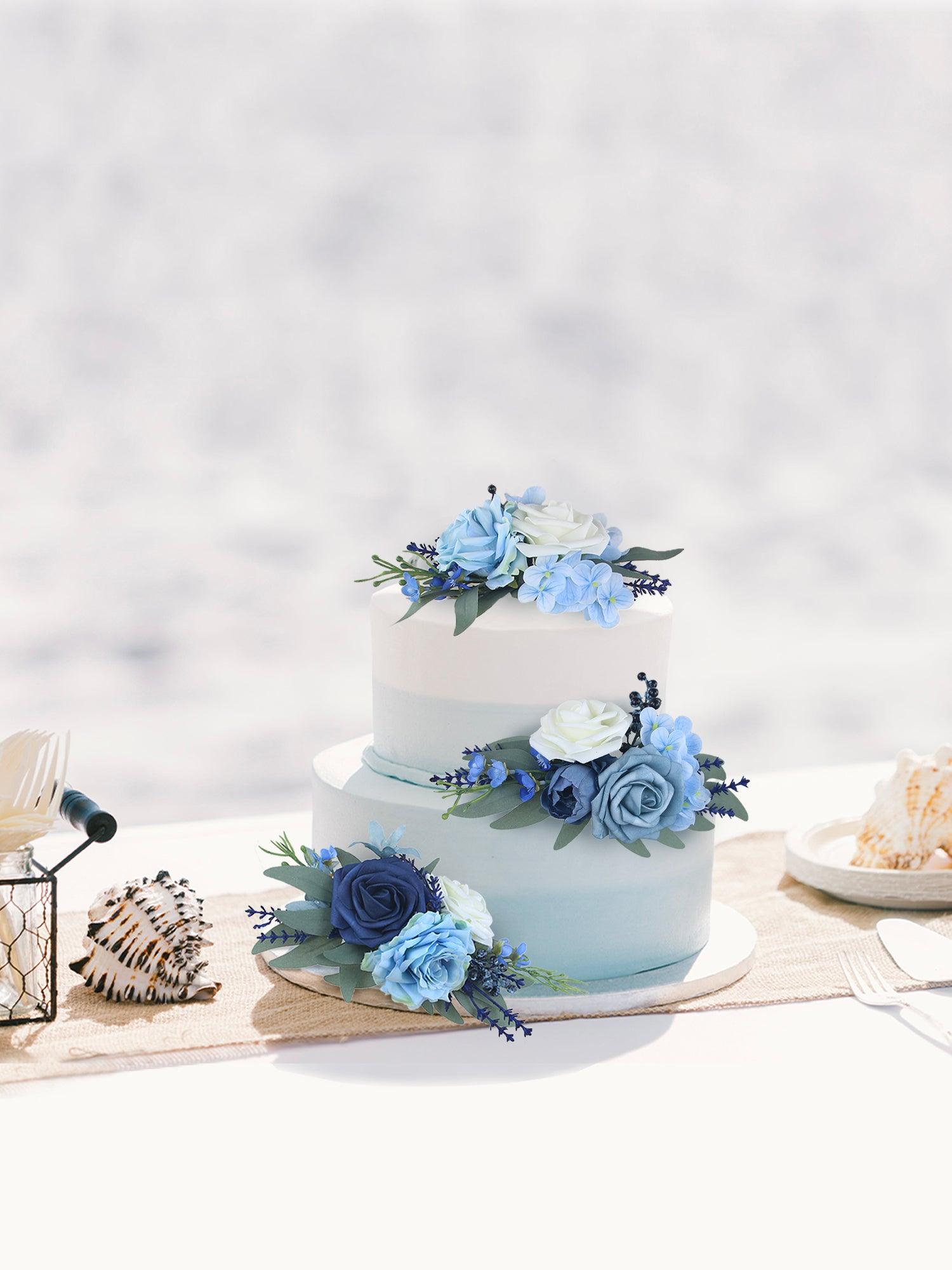 3Pcs Blue Rose & Hydrangea Cake Topper Flowers Set - Rinlong Flower