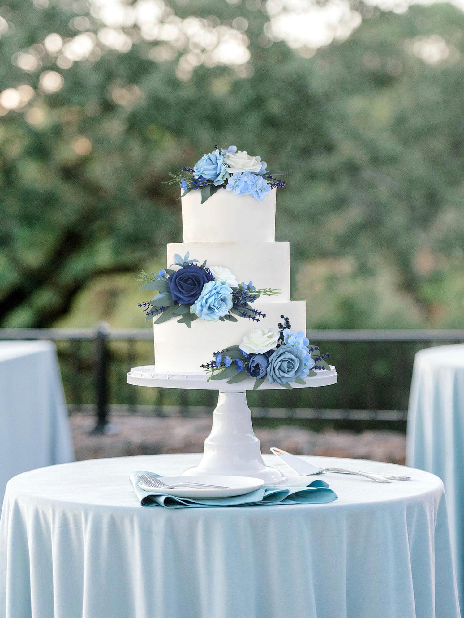 3Pcs Blue Rose & Hydrangea Cake Topper Flowers Set - Rinlong Flower