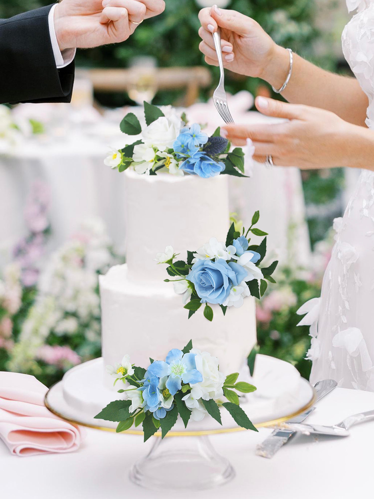3Pcs White & Baby Blue Cake Flowers Set