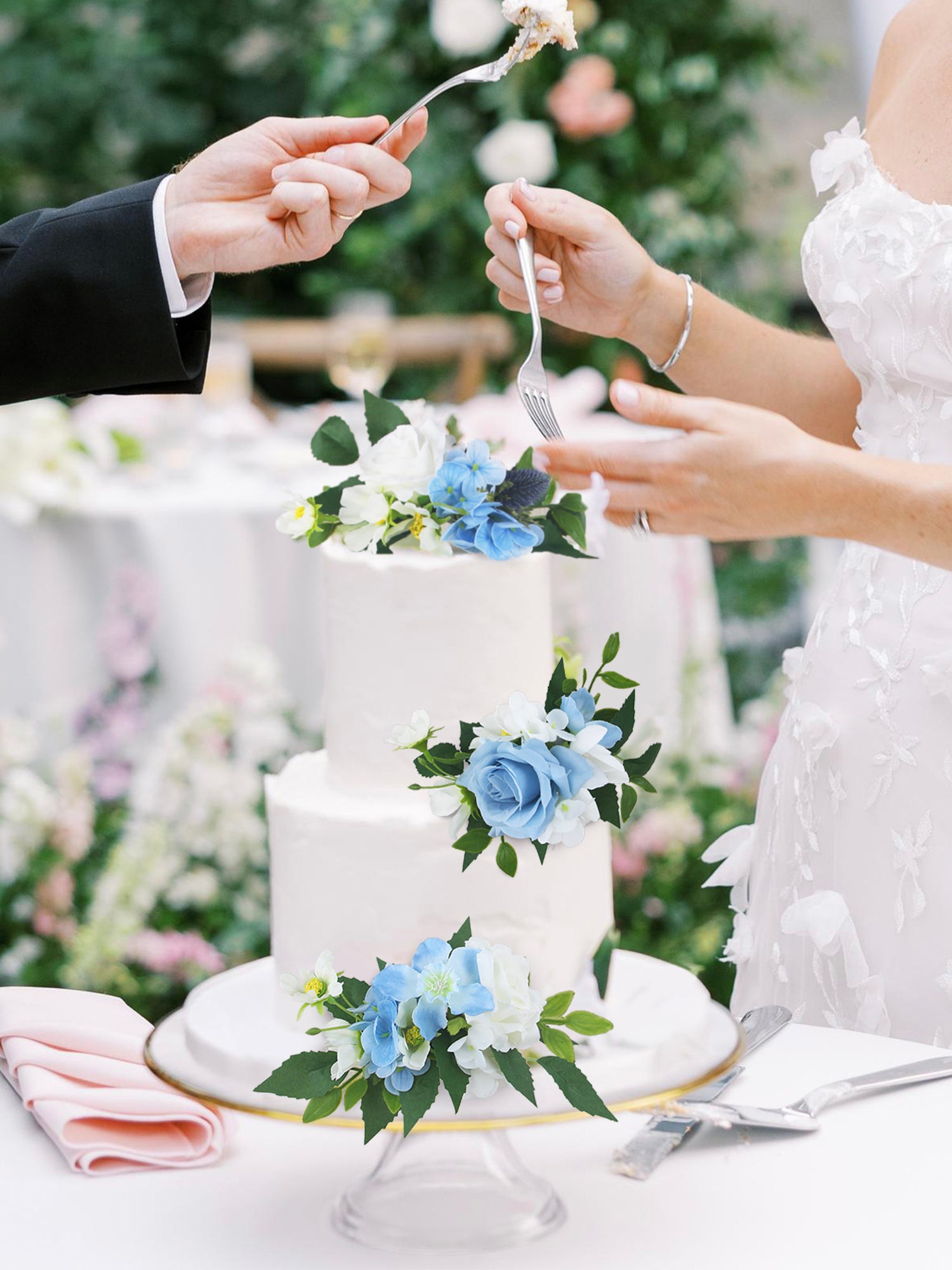 3Pcs White & Baby Blue Cake Flowers Set