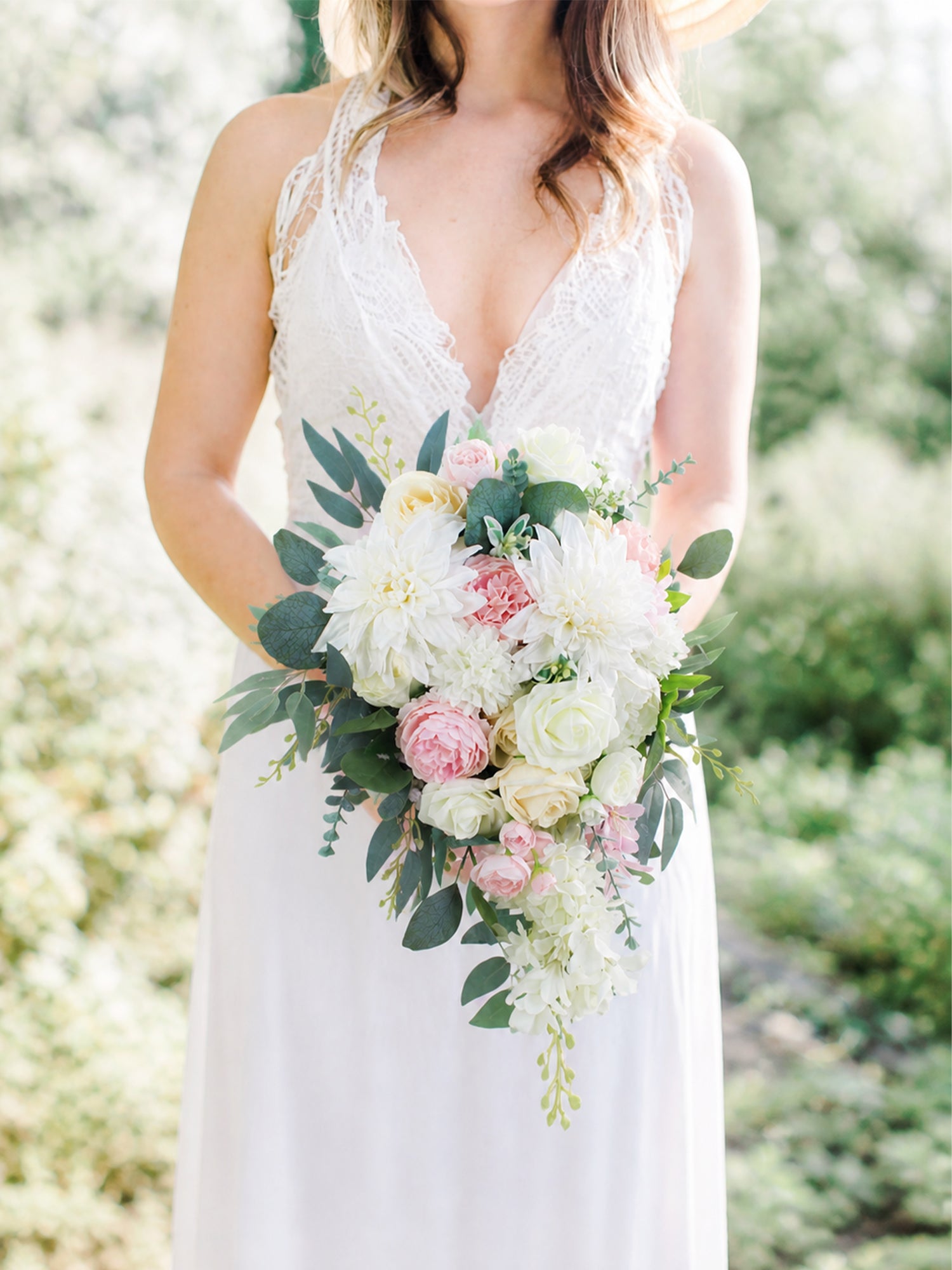 11 inch wide Blush White Flowers Cascading Bridal Bouquet Wedding
