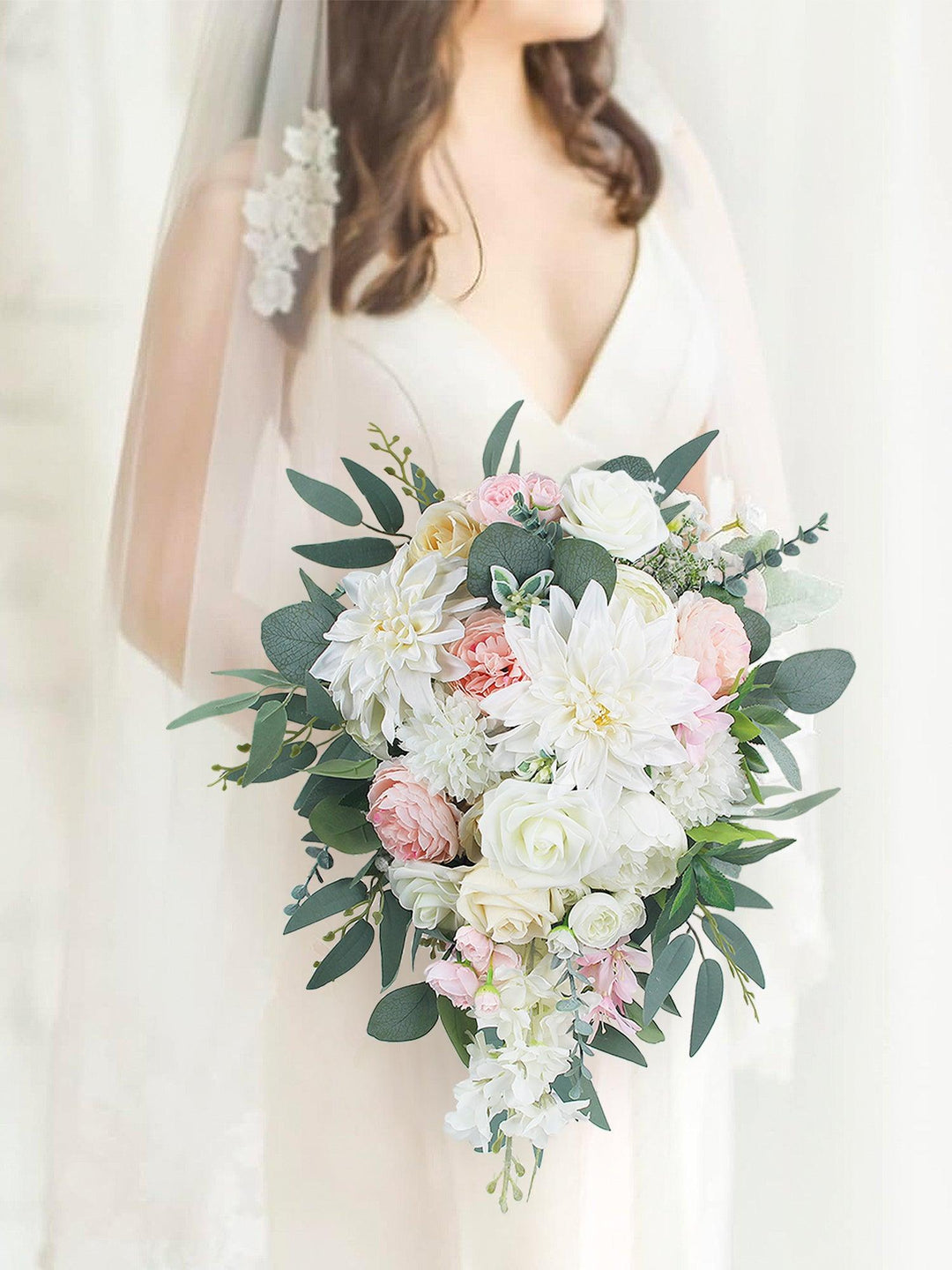 11 inch wide Blush & White Cascading Bridal Bouquet - Rinlong Flower