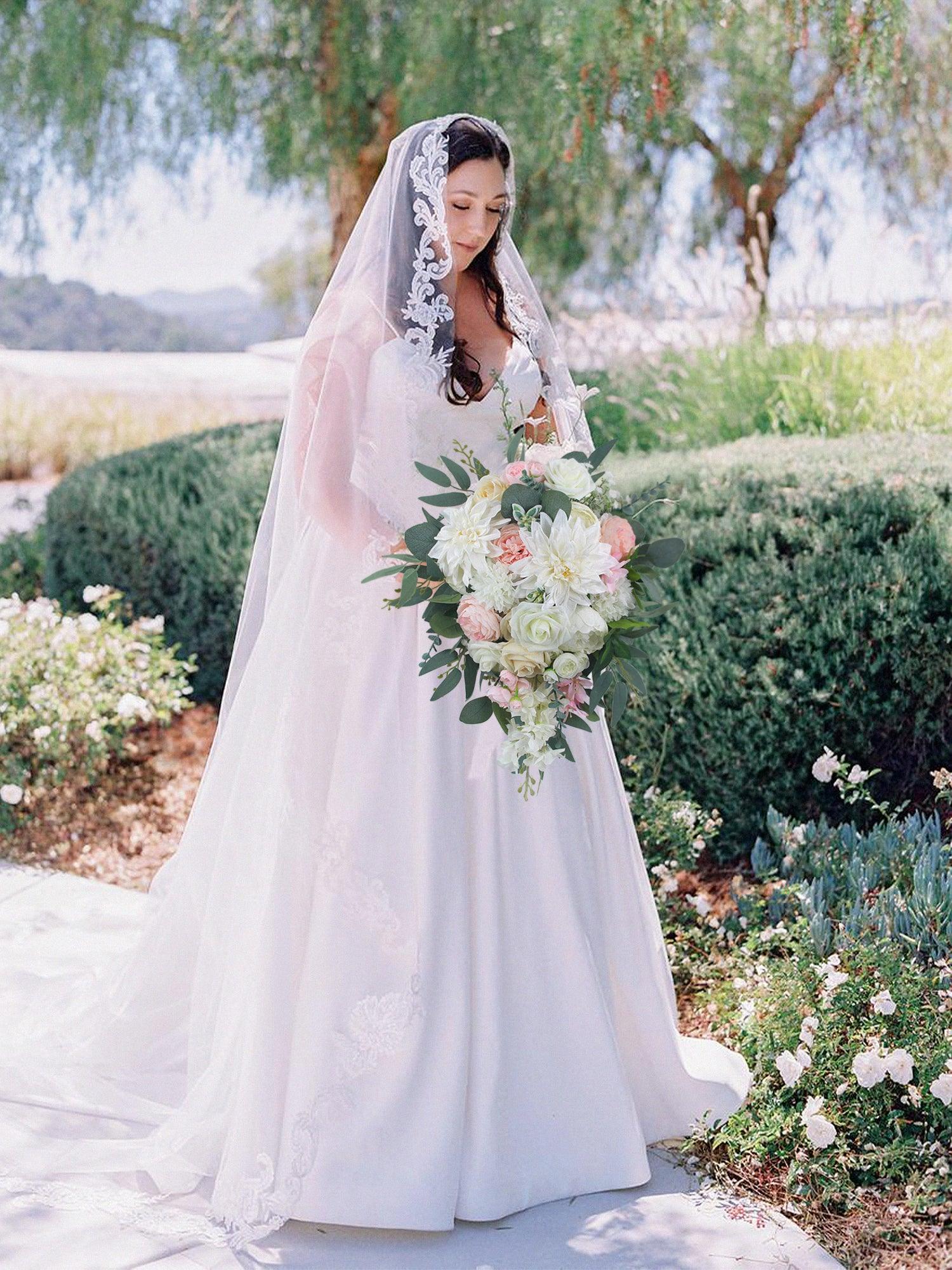 11 inch wide Blush & White Cascading Bridal Bouquet - Rinlong Flower