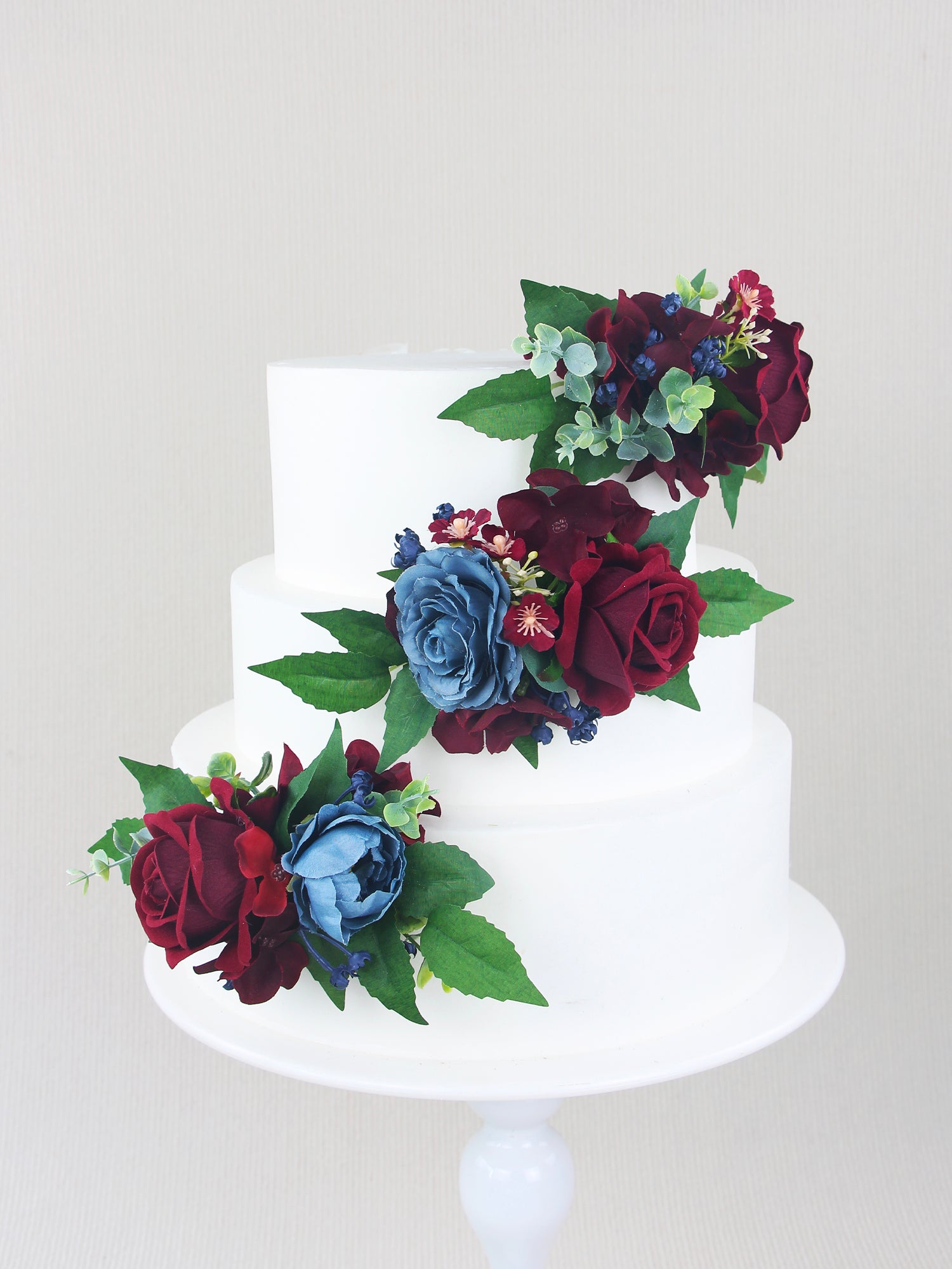 3Pcs Christmas Burgundy & Dusty Blue Cake Flowers Set