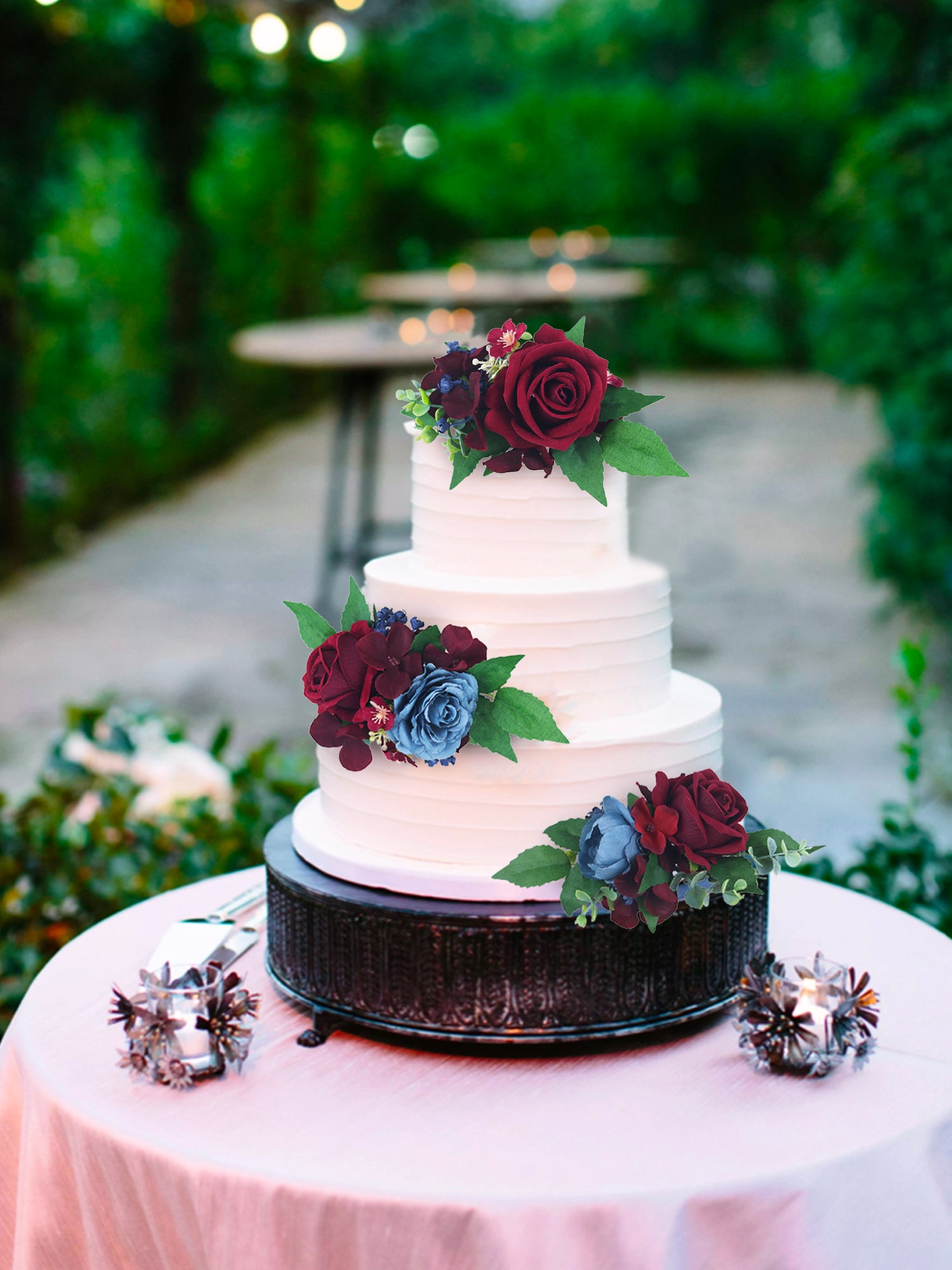 3Pcs Christmas Burgundy & Dusty Blue Cake Flowers Set