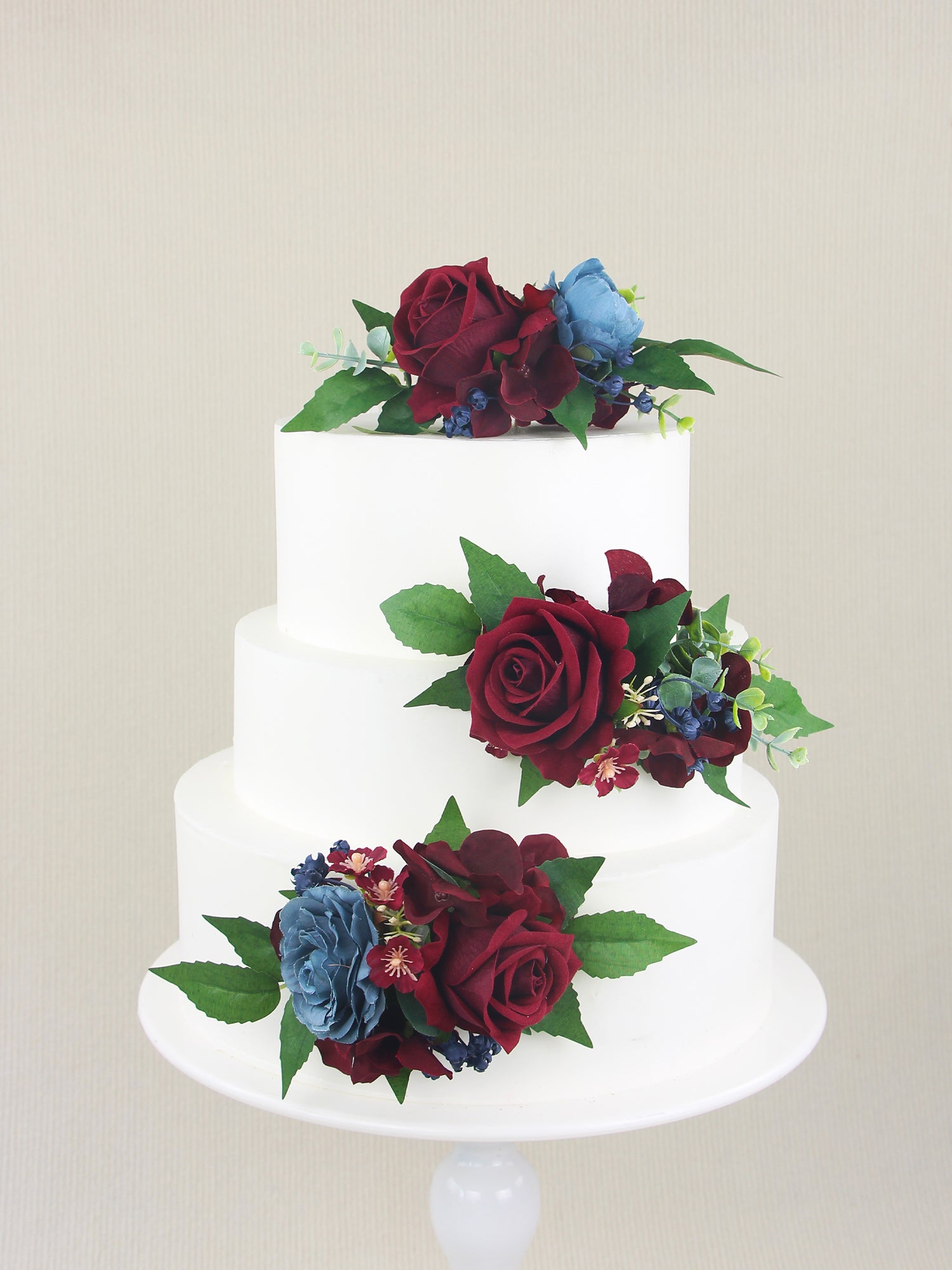 3Pcs Christmas Burgundy & Dusty Blue Cake Flowers Set