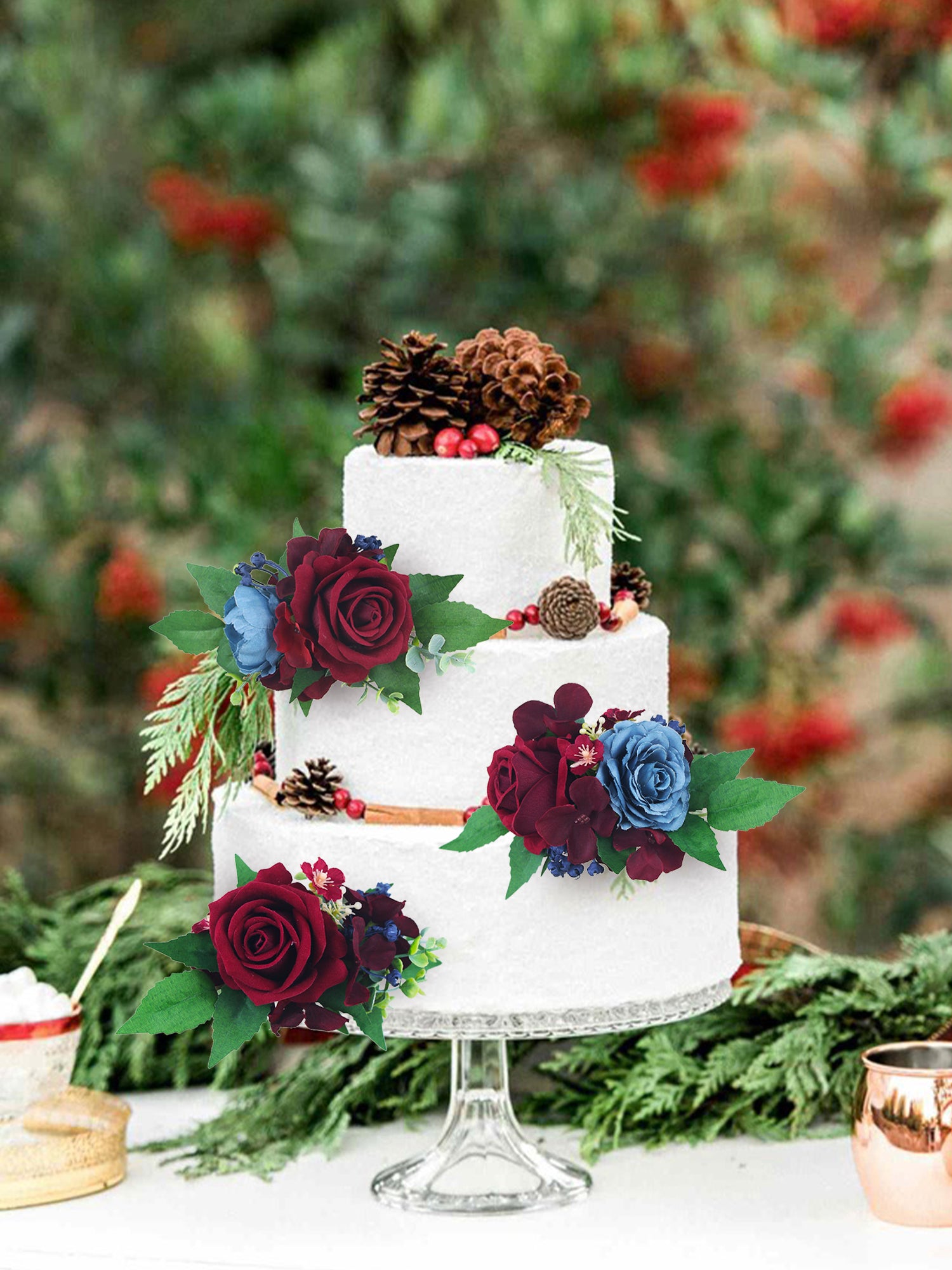 3Pcs Christmas Burgundy & Dusty Blue Cake Flowers Set