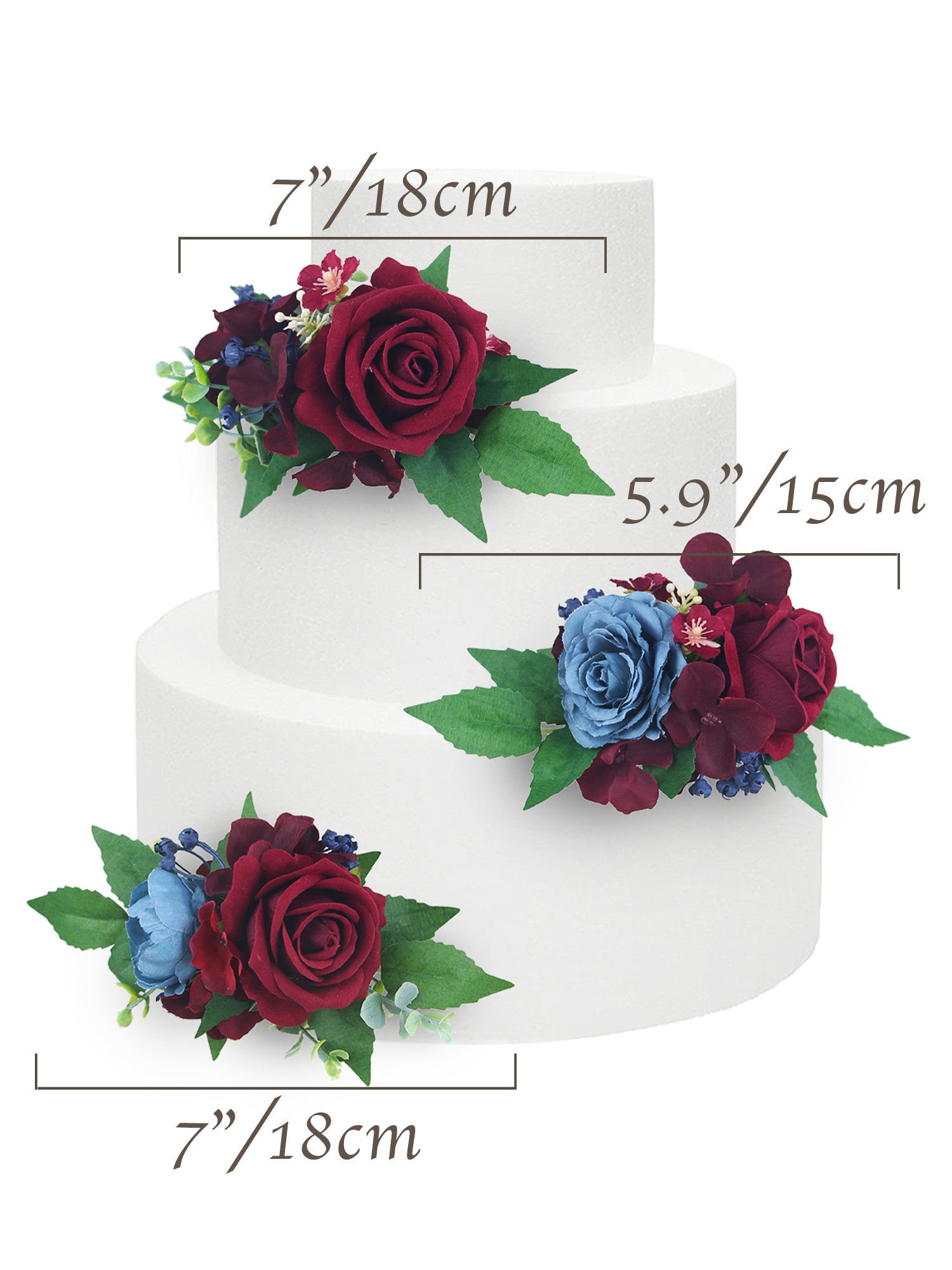3Pcs Christmas Burgundy & Dusty Blue Cake Flowers Set