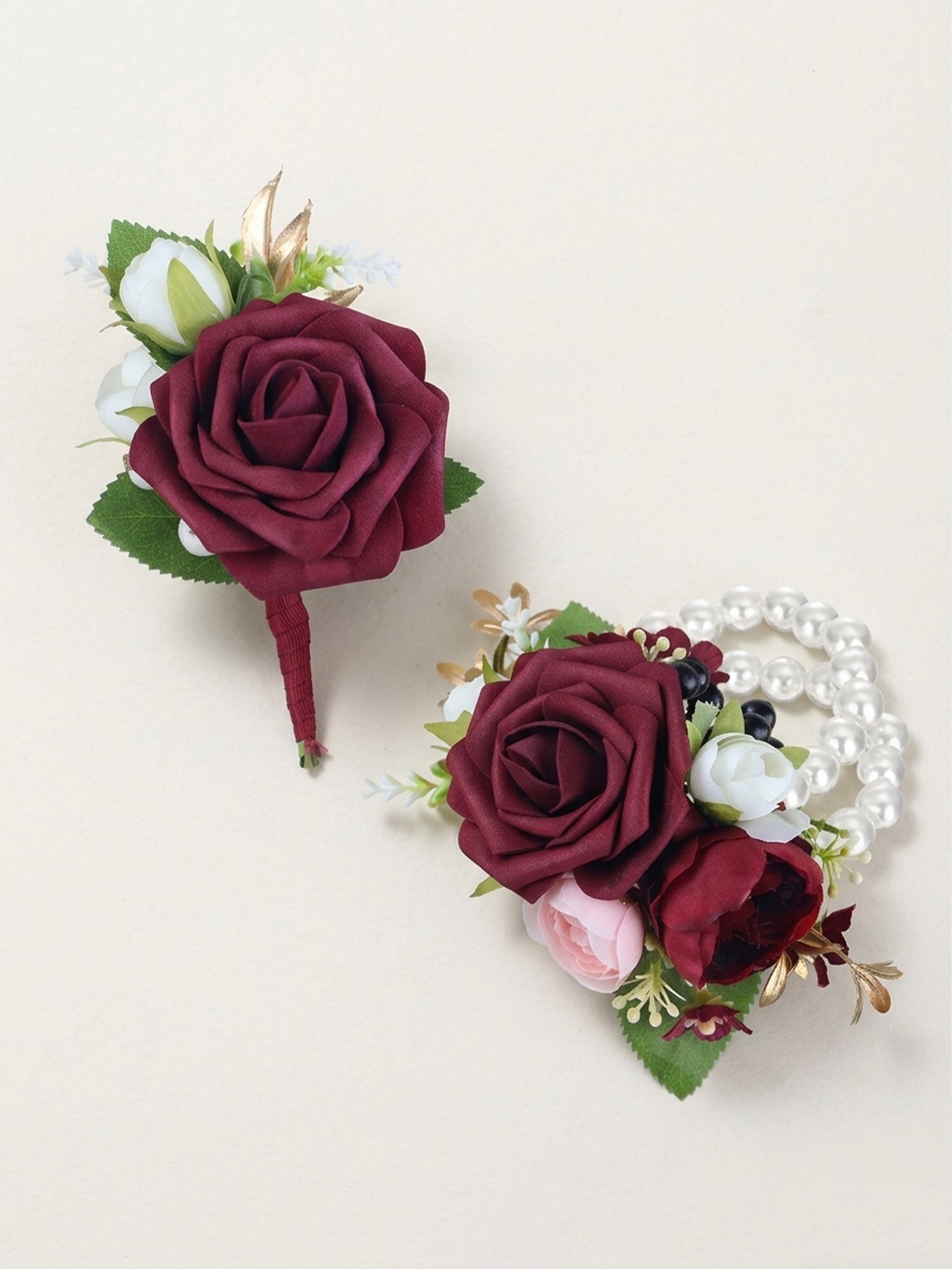 Corsage and Boutonniere Set Burgundy