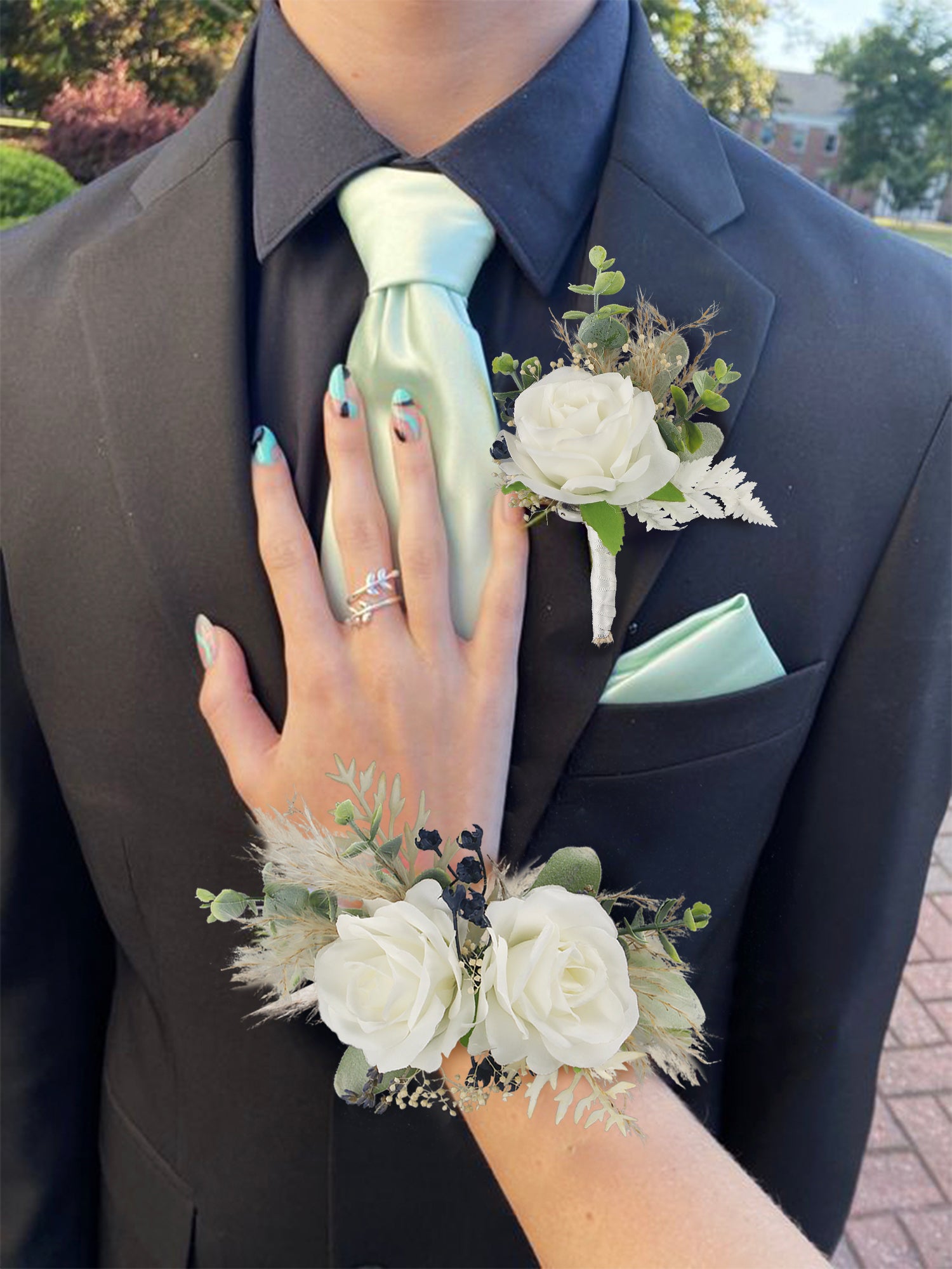 Corsage and Boutonniere Set White & Sage Green