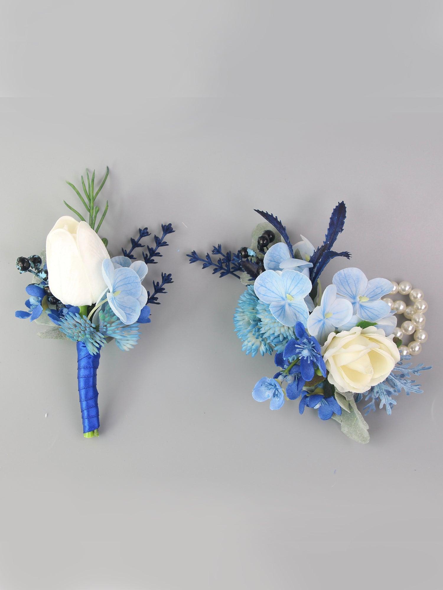 Corsage and Boutonniere Set Blue Hydrangea & Tulip - Rinlong Flower