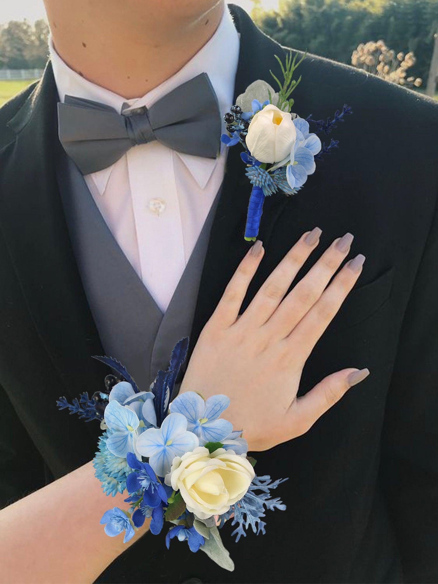 Corsage and Boutonniere Set Blue Hydrangea & Tulip - Rinlong Flower