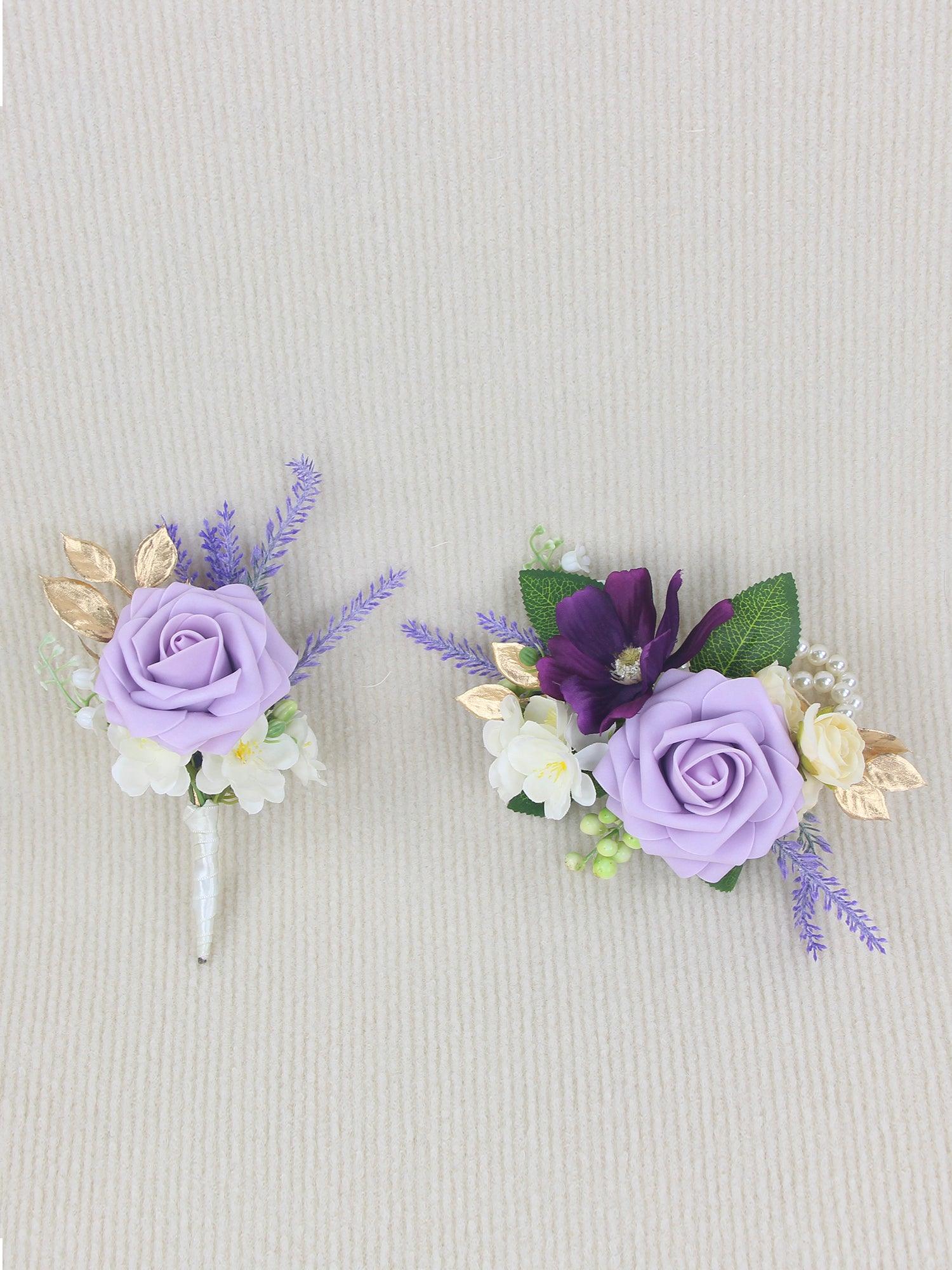 corsage for dark purple dress Purple White Prom Wedding Homecoming Corsage Boutonniere Set - Choose Your Ribbon