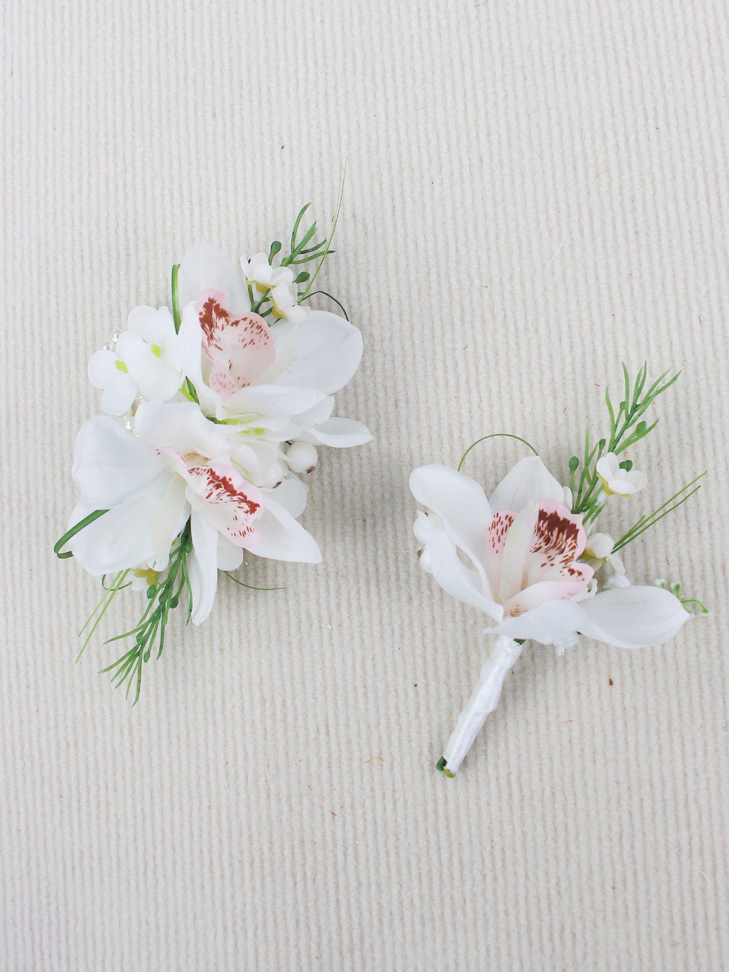 Corsage and Boutonniere Set White Boat Orchid