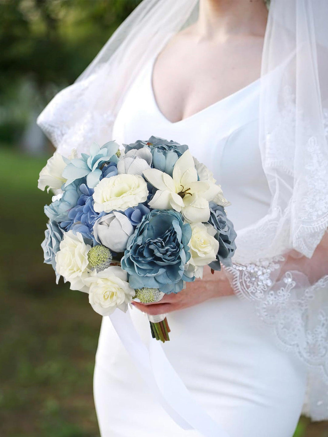 11 inch wide Dusty Blue Bridal Bouquet - Rinlong Flower