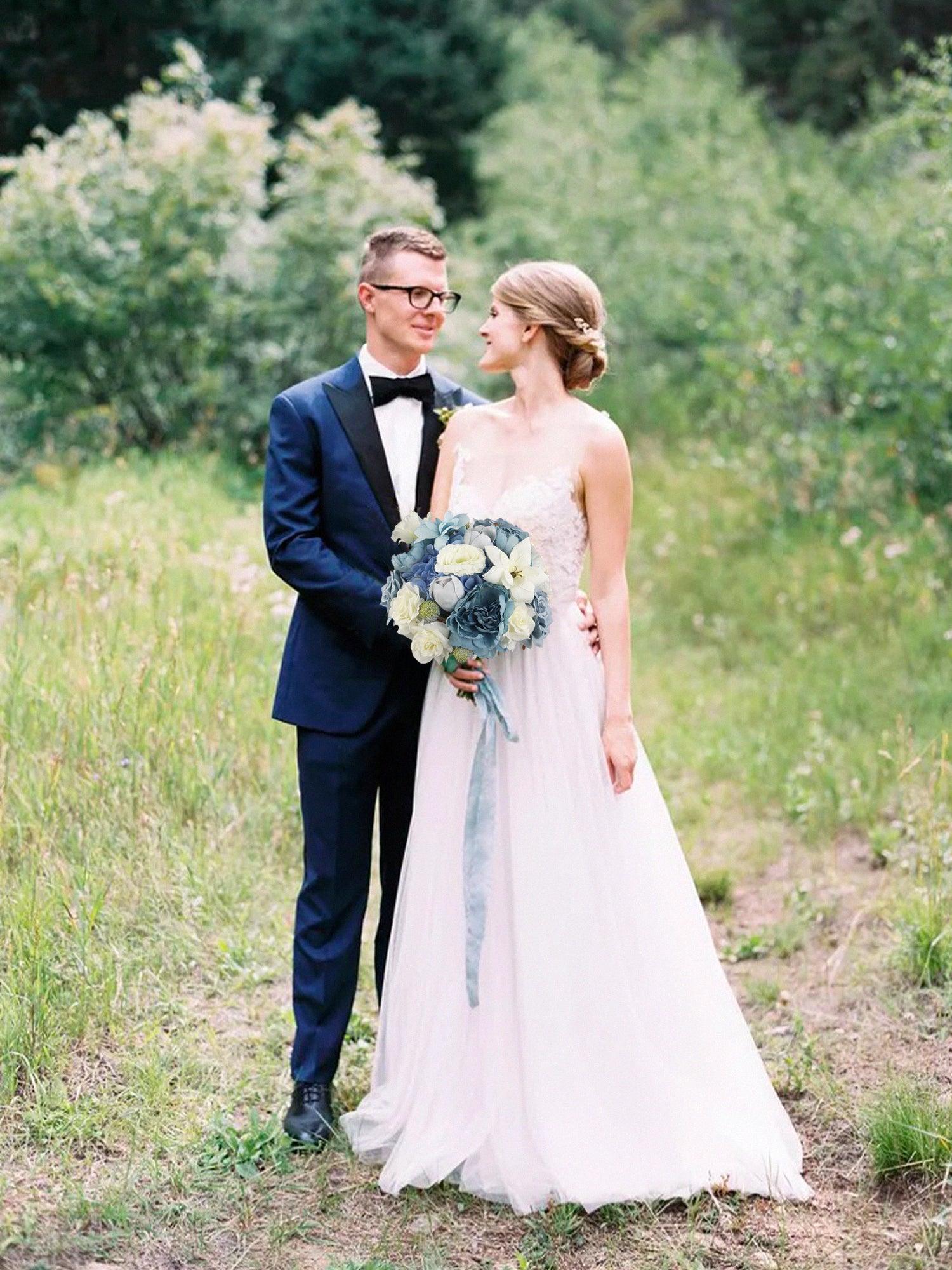 11 inch wide Dusty Blue Bridal Bouquet - Rinlong Flower