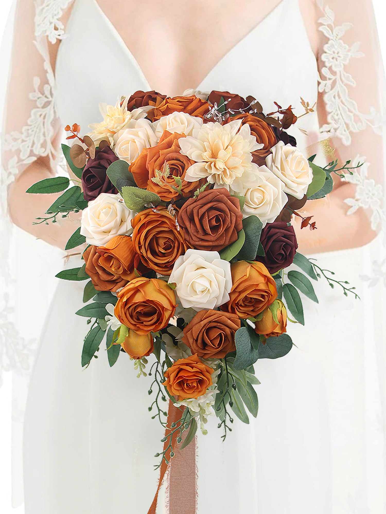 13.3 inch wide Terracotta Cascading Bridal Bouquet