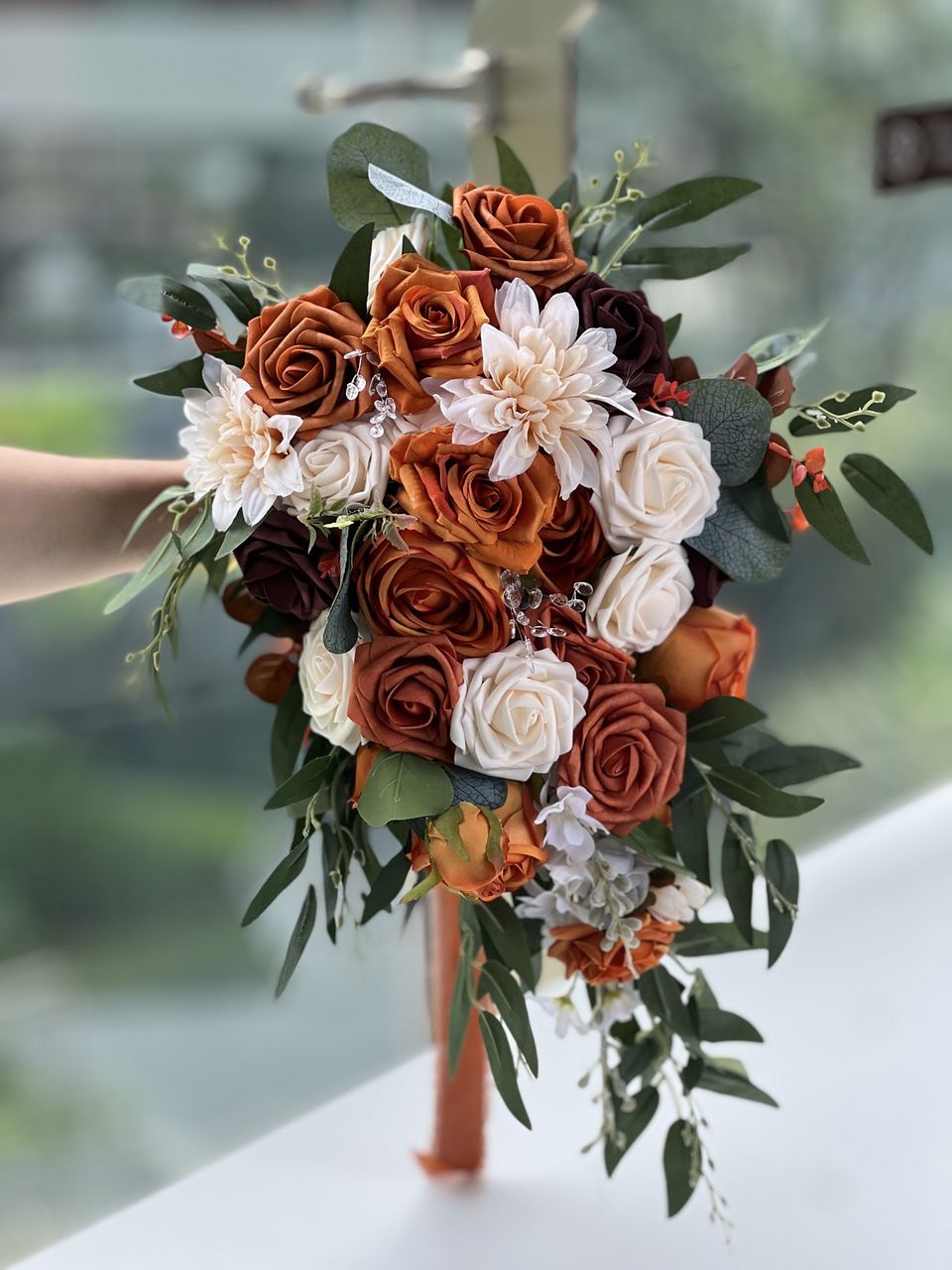 13.3 inch wide Terracotta Cascading Bridal Bouquet