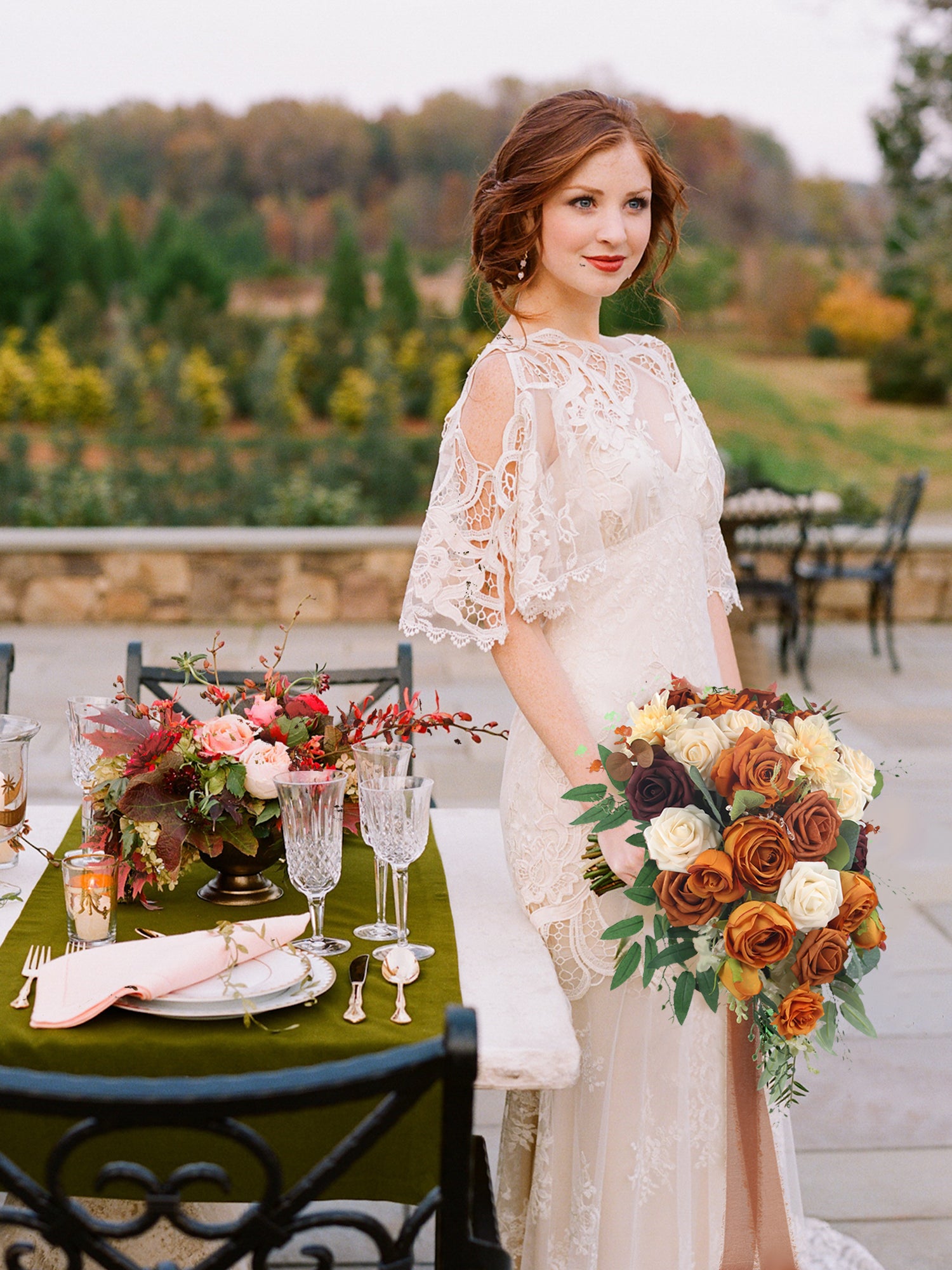 13.3 inch wide Terracotta Cascading Bridal Bouquet
